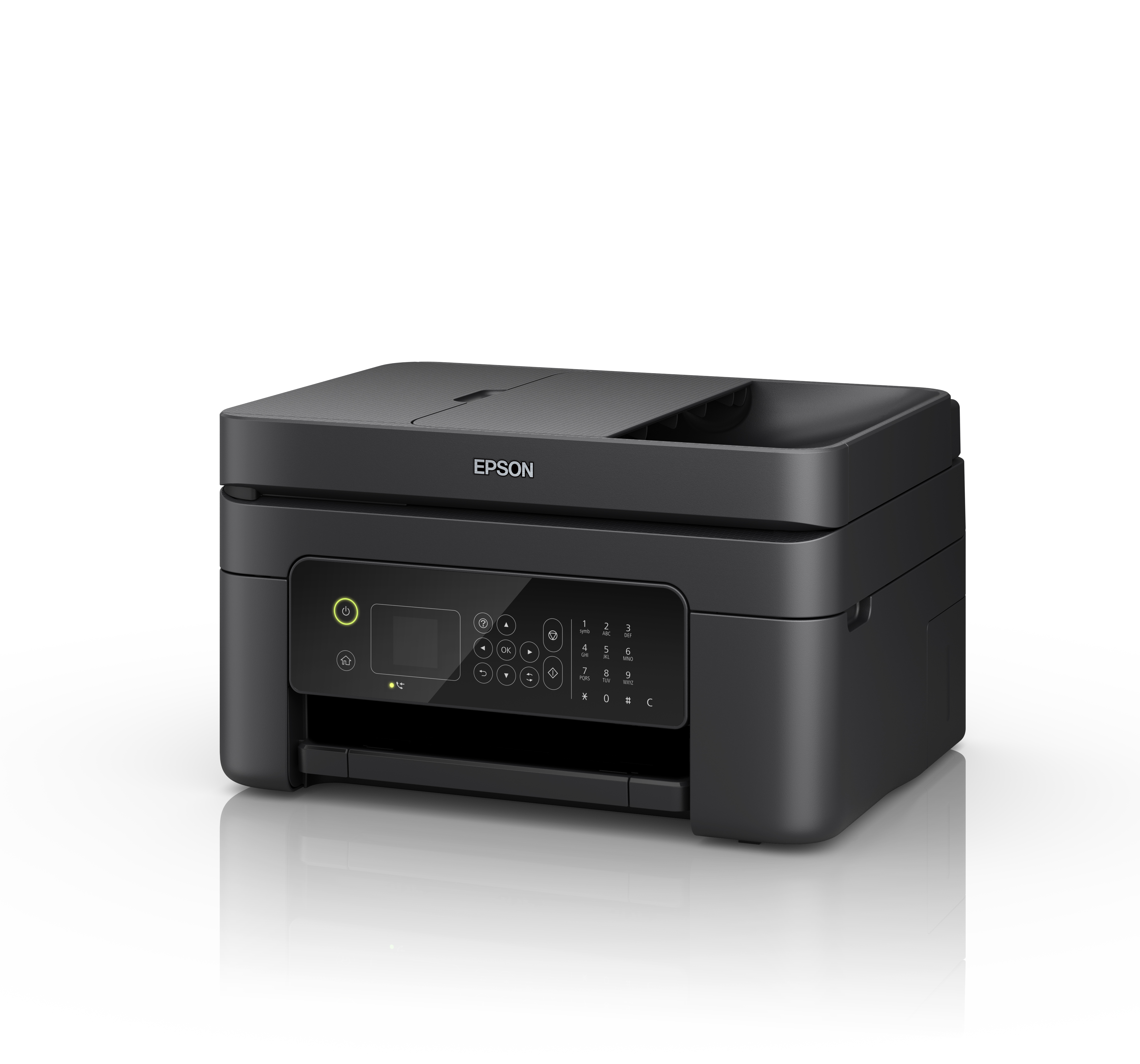 Stampante Epson nera con schermo digitale e pulsanti.
