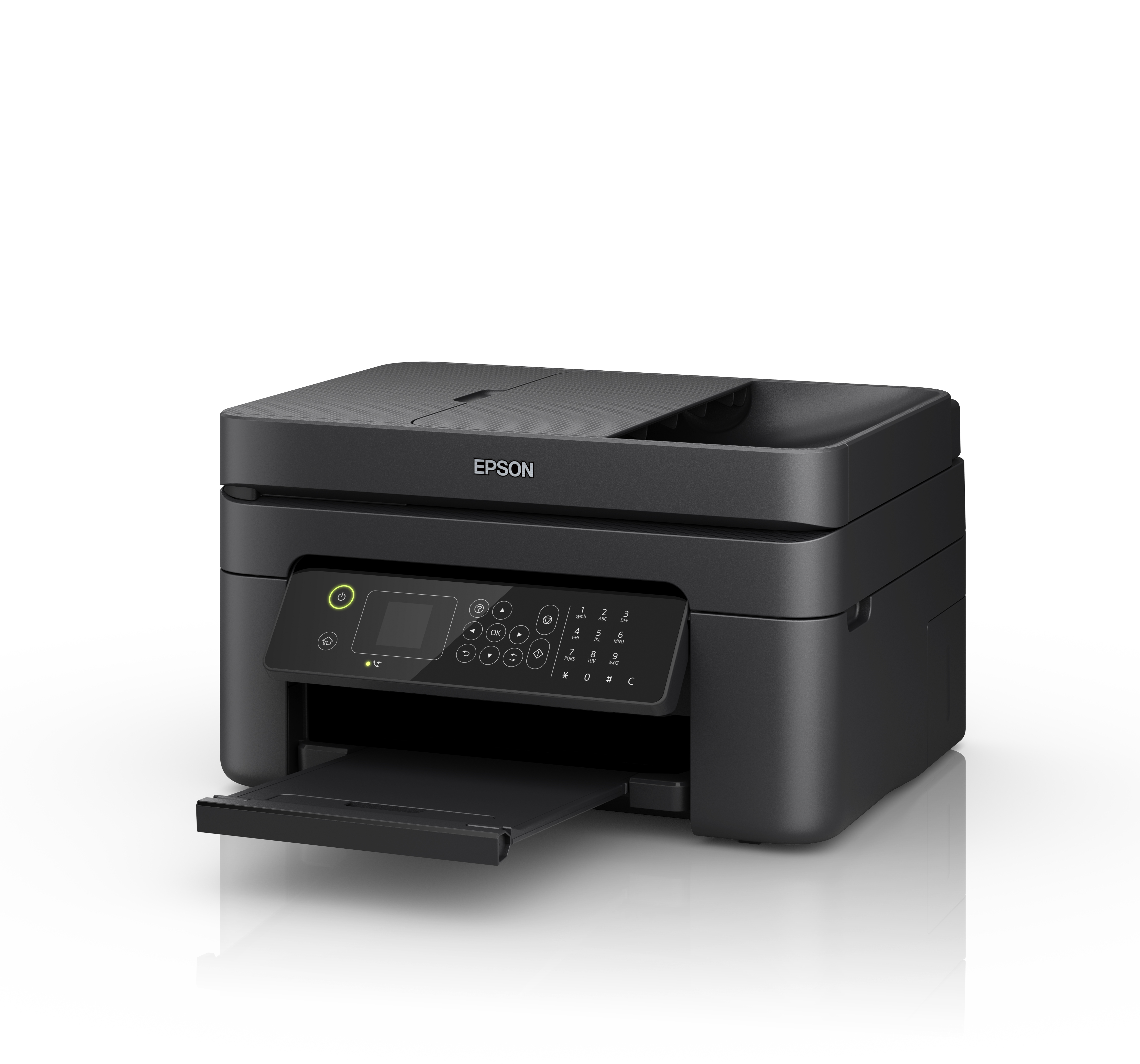 Stampante Epson nera su sfondo bianco. Il vassoio della carta è aperto.