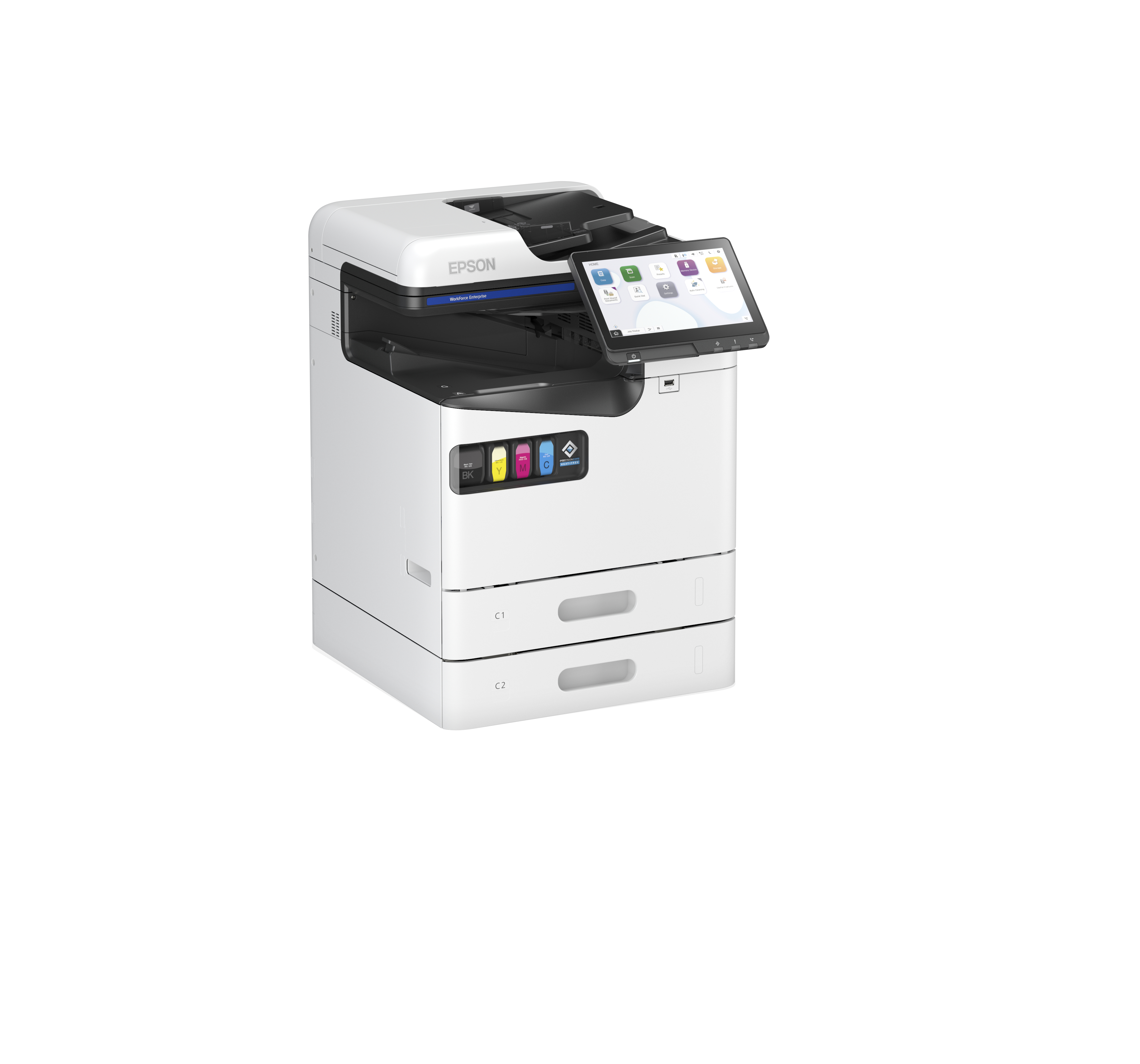 Biała drukarka Epson z ekranem dotykowym i dwoma podajnikami papieru, na białym tle.