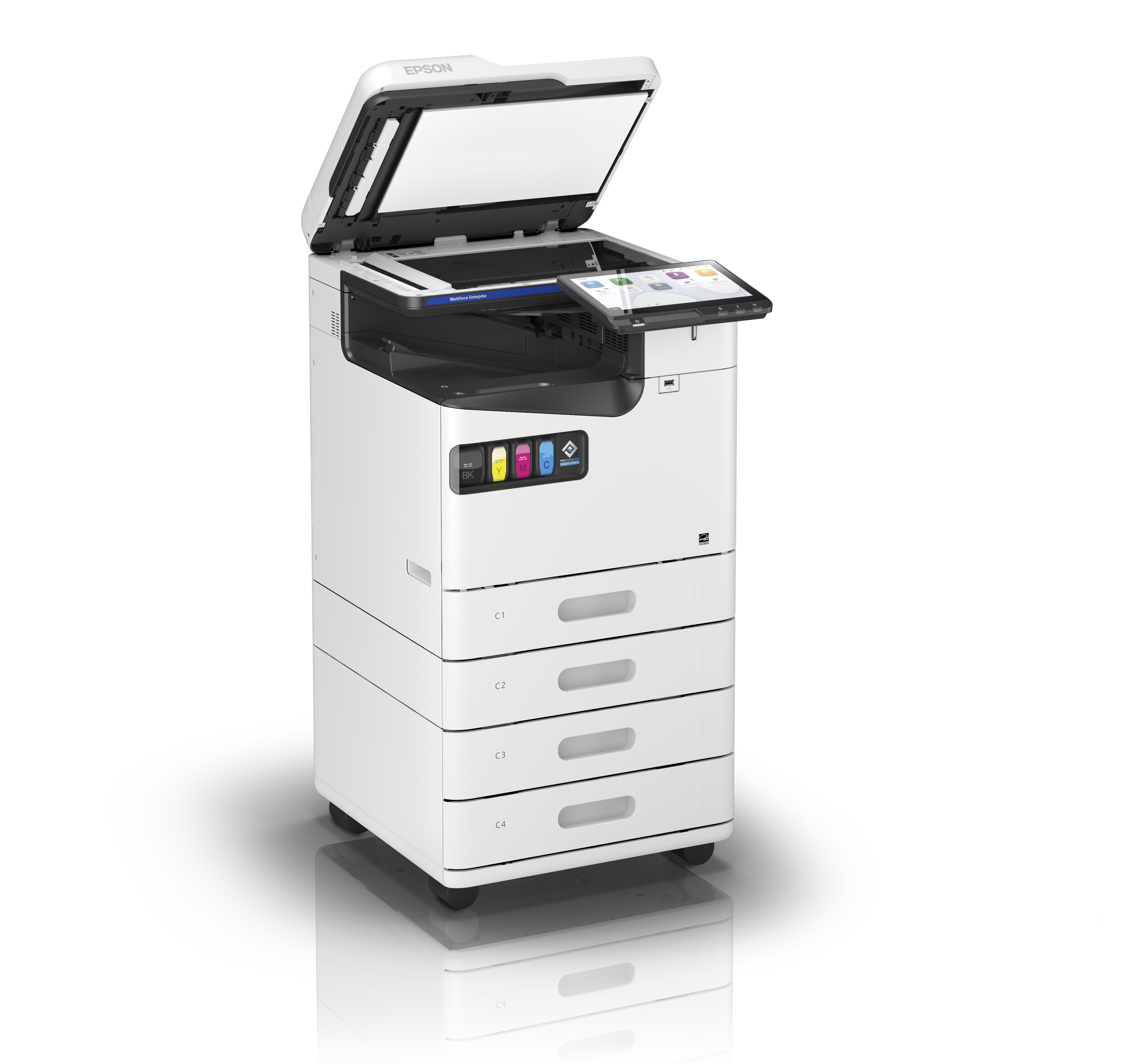 Biała drukarka Epson z otwartą pokrywą, panelem sterowania i tacami na papier.