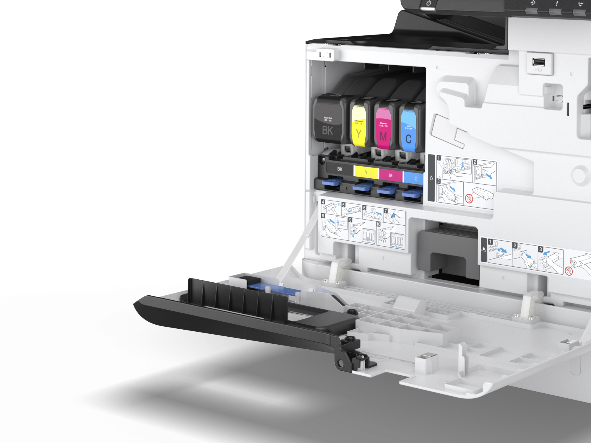 Drukarka Epson z otwartymi drzwiami wkładu atramentowego. Wewnątrz widoczne cztery wkłady atramentowe.