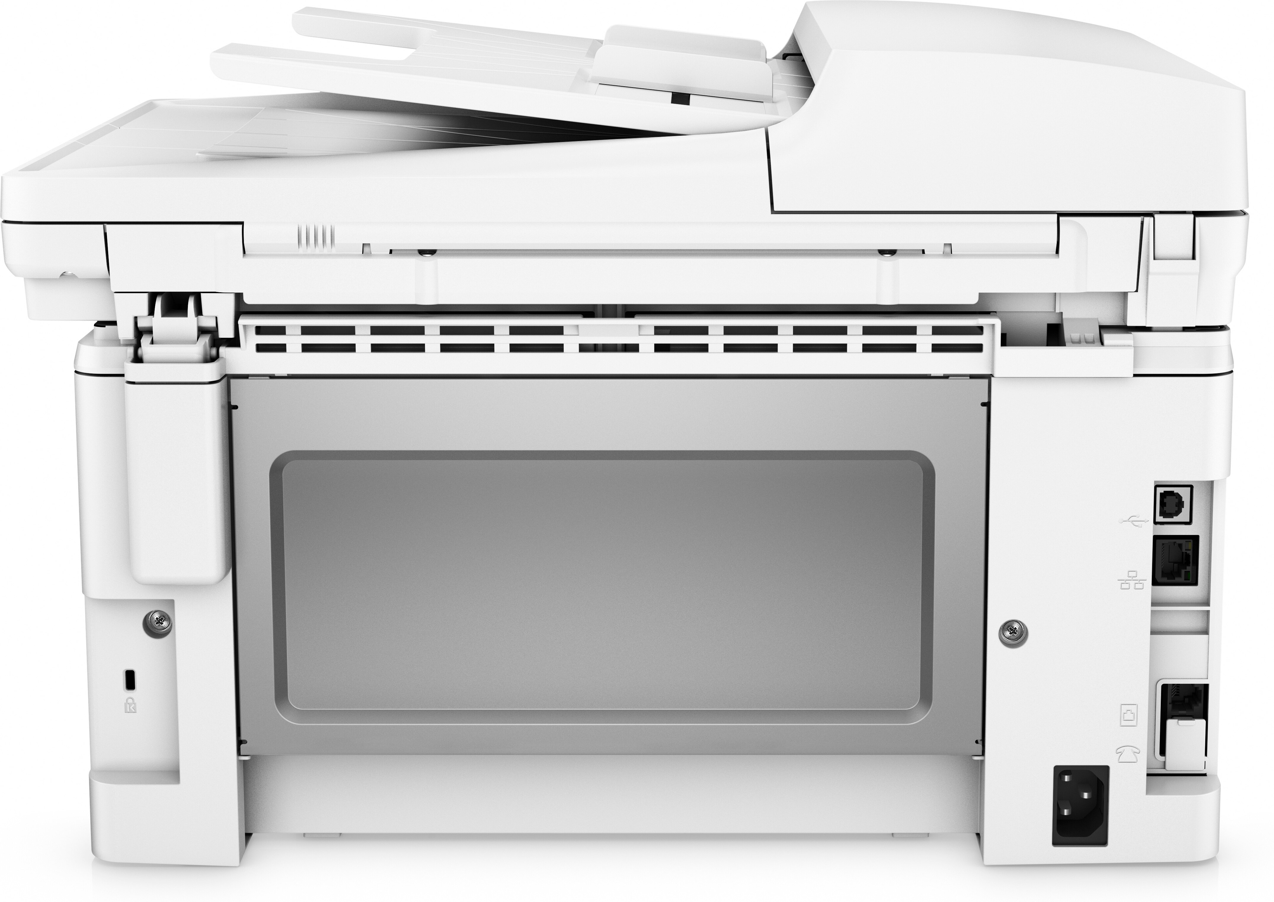 Parte posteriore di una stampante HP bianca. Mostra le porte e l'area di alimentazione.