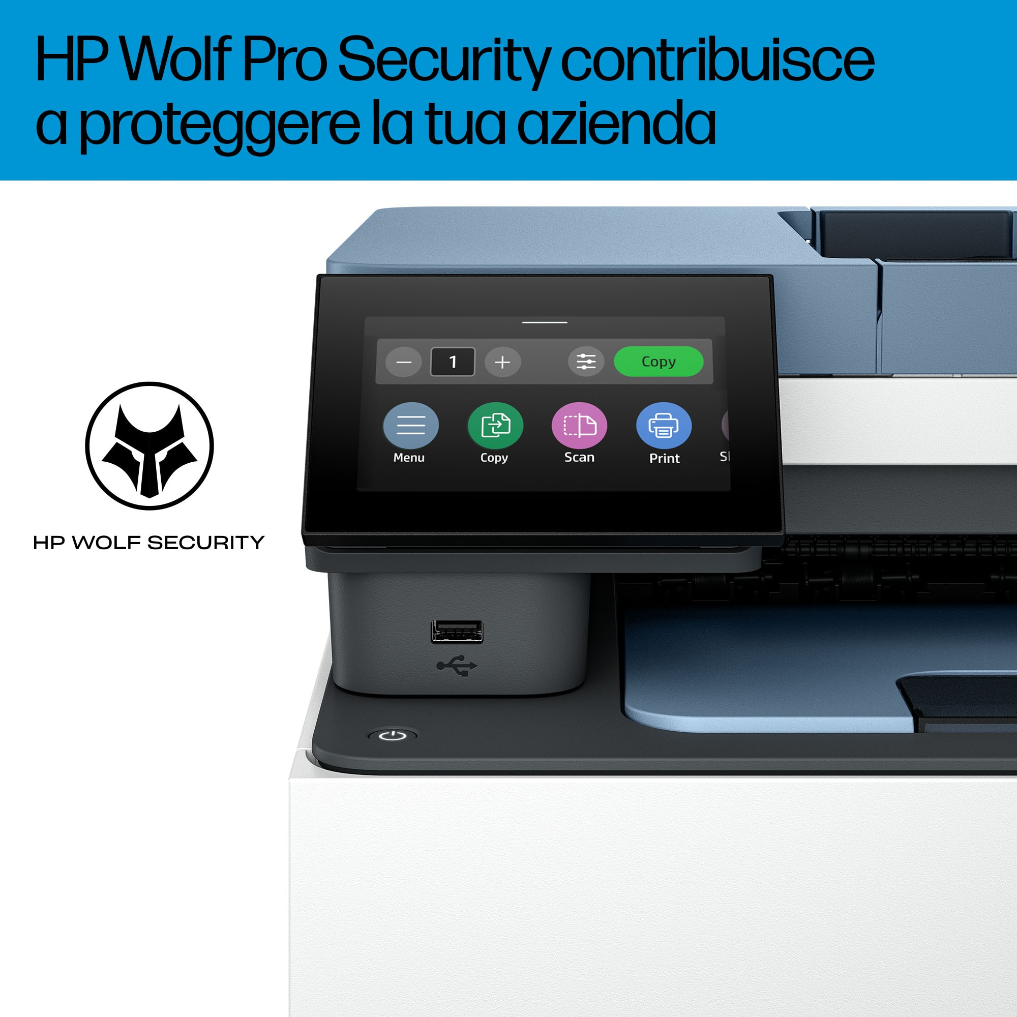 Drukarka z ekranem pokazującym opcje, z logo HP Wolf Pro Security po lewej stronie.
