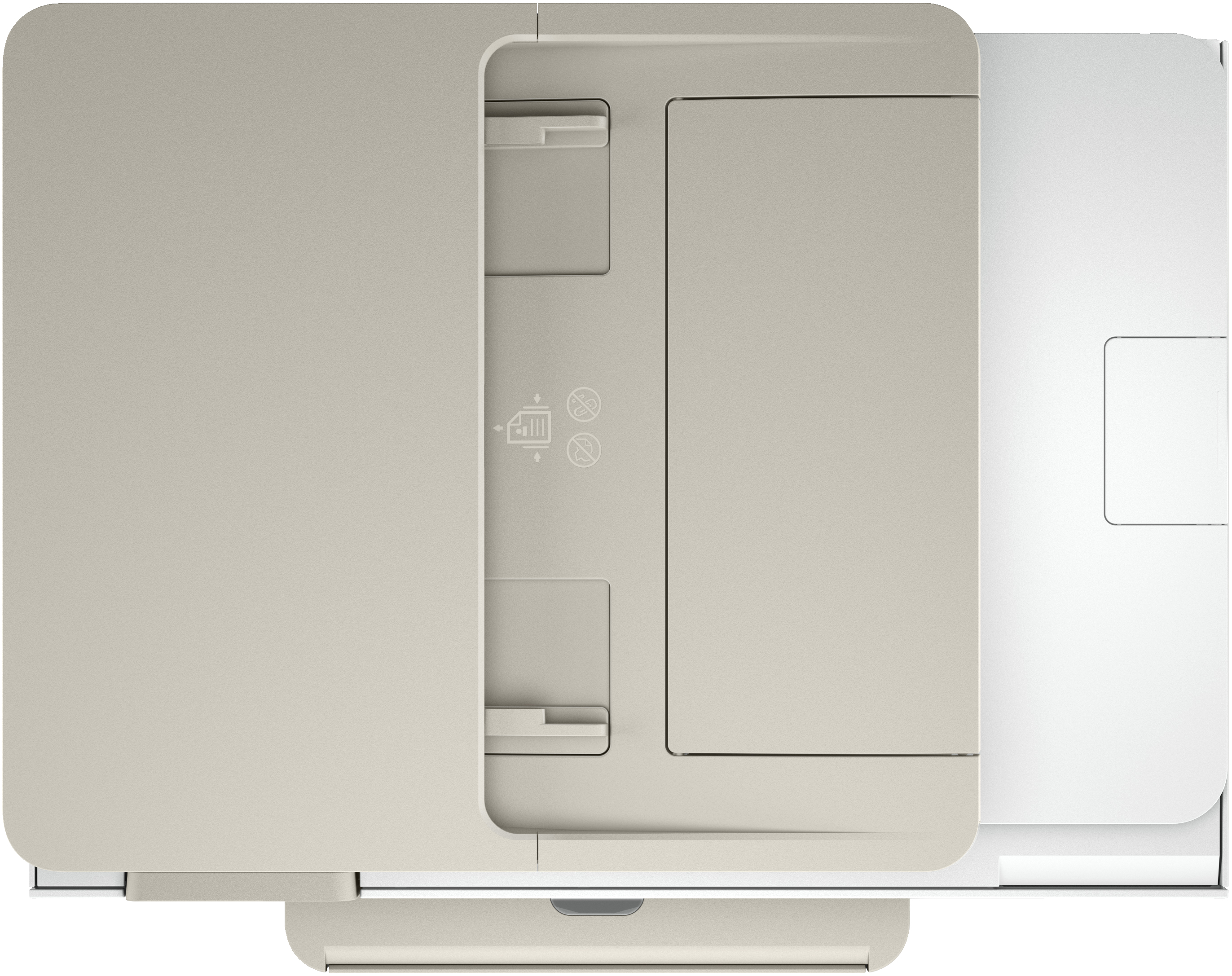 Widok z góry na drukarkę. Kolory beżowy i biały. Taca na papier i górne elementy widoczne.