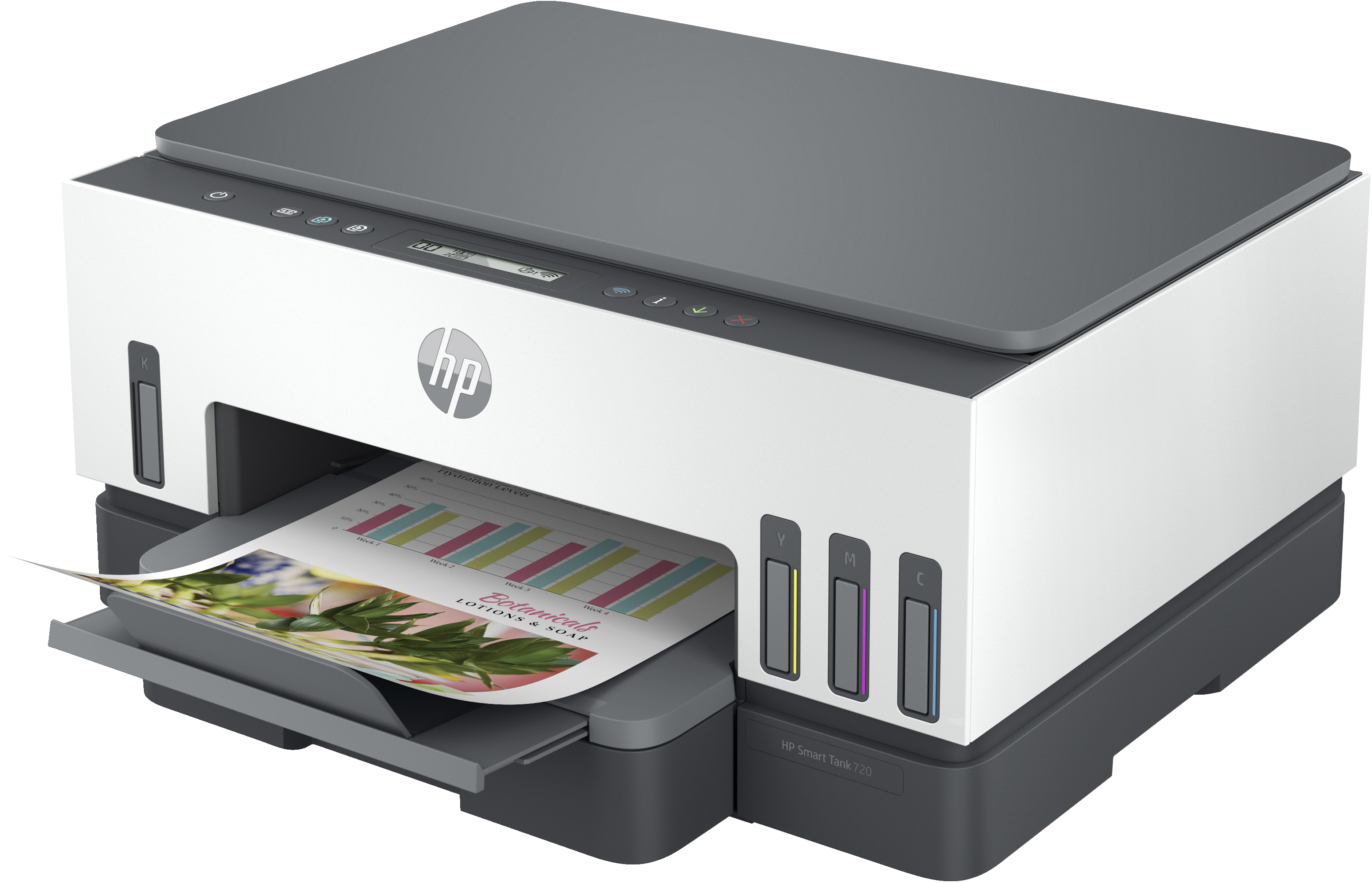 Een witte en grijze HP-printer. Hij drukt een document af. Er zitten inktcartridges aan de zijkant.