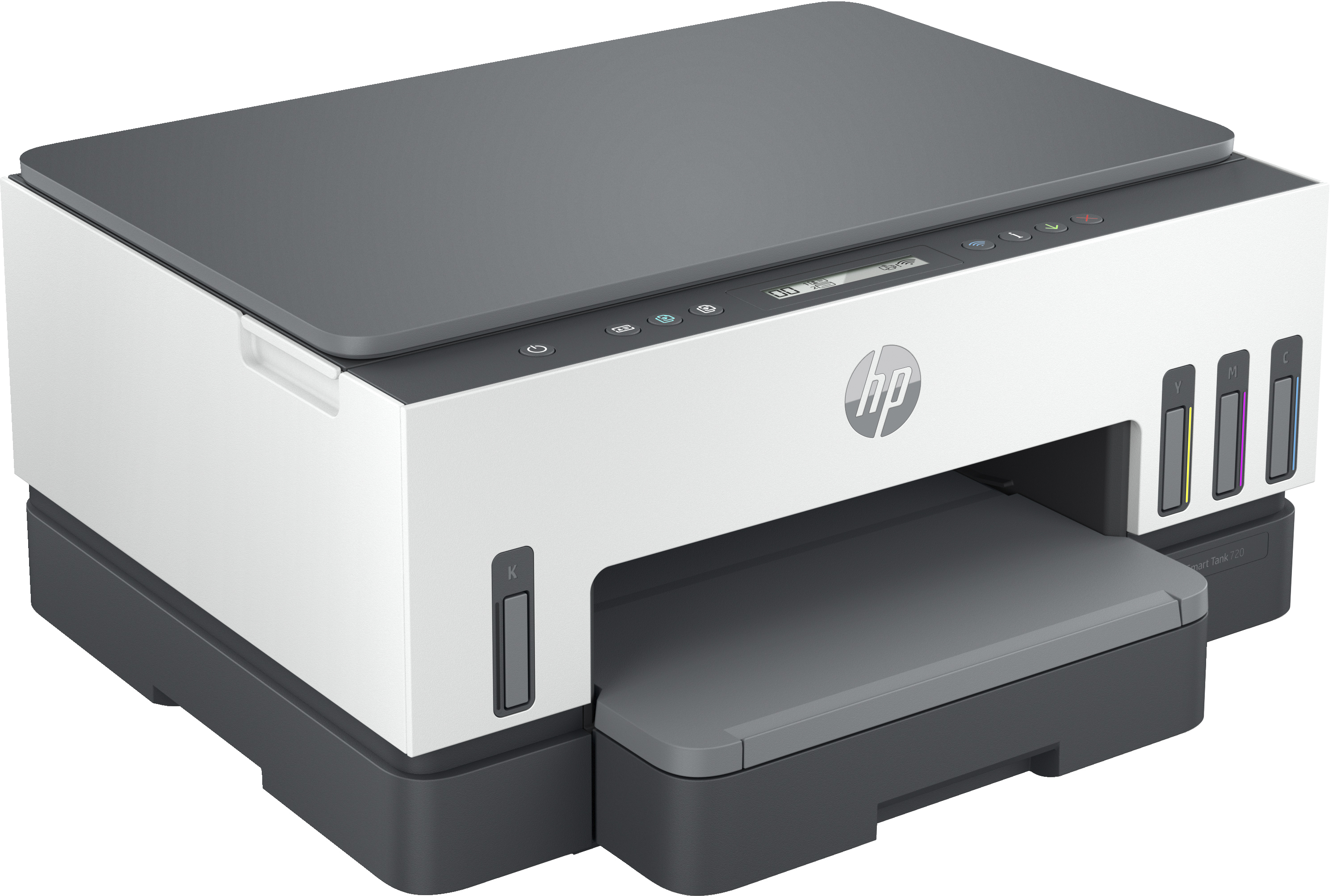Witte en grijze HP printer. Inktreservoirs zijn zichtbaar aan de rechterkant.