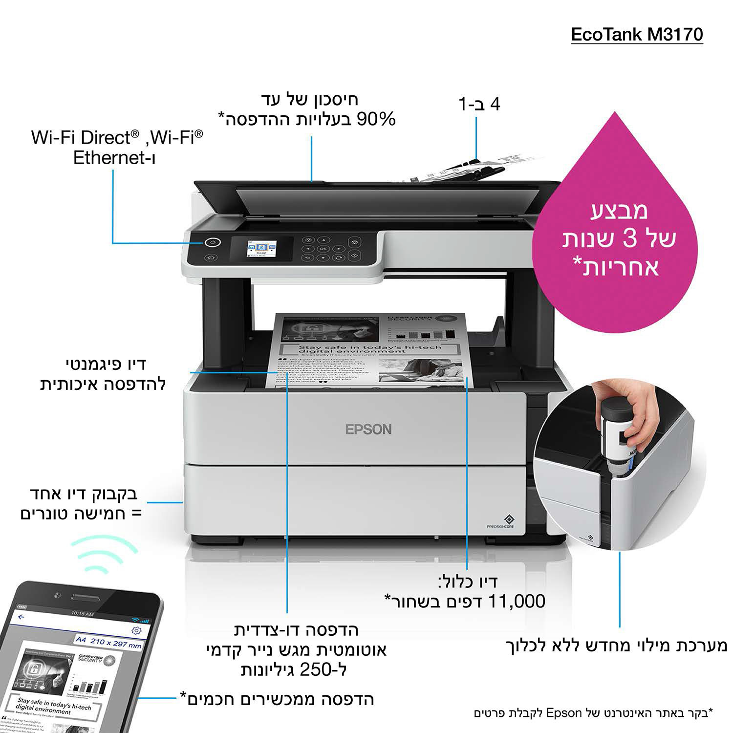 Ein Epson-Drucker wird mit einem Smartphone gezeigt. Verschiedene Etiketten und Text sind vorhanden.
