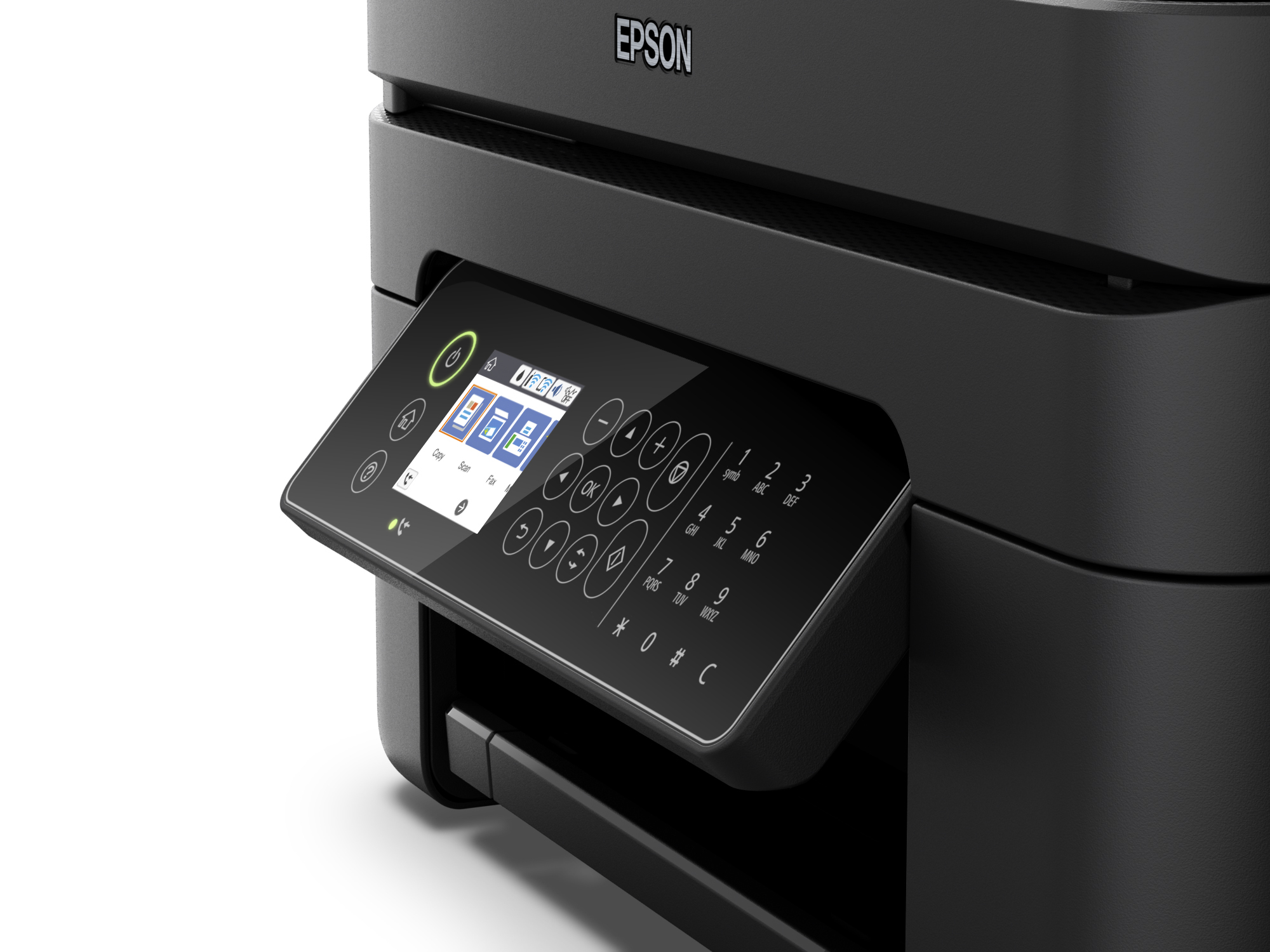 Pannello di controllo stampante Epson, nero. Lo schermo è inclinato, mostra numeri e opzioni.