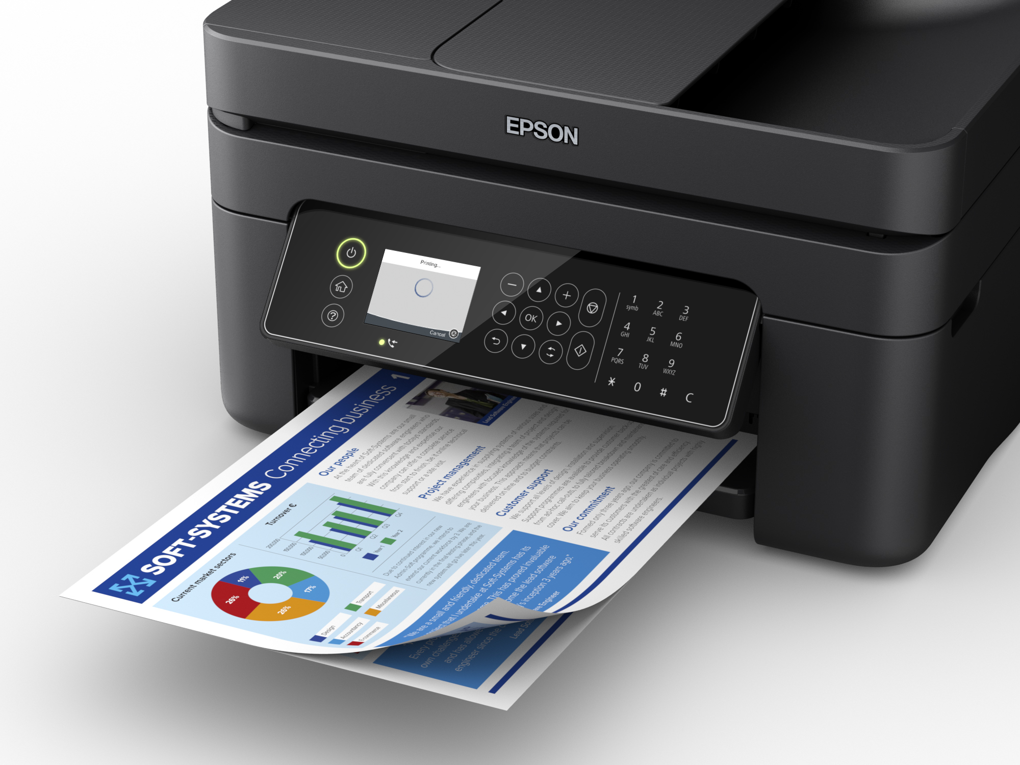 Primo piano di una stampante Epson che stampa un documento con grafici.