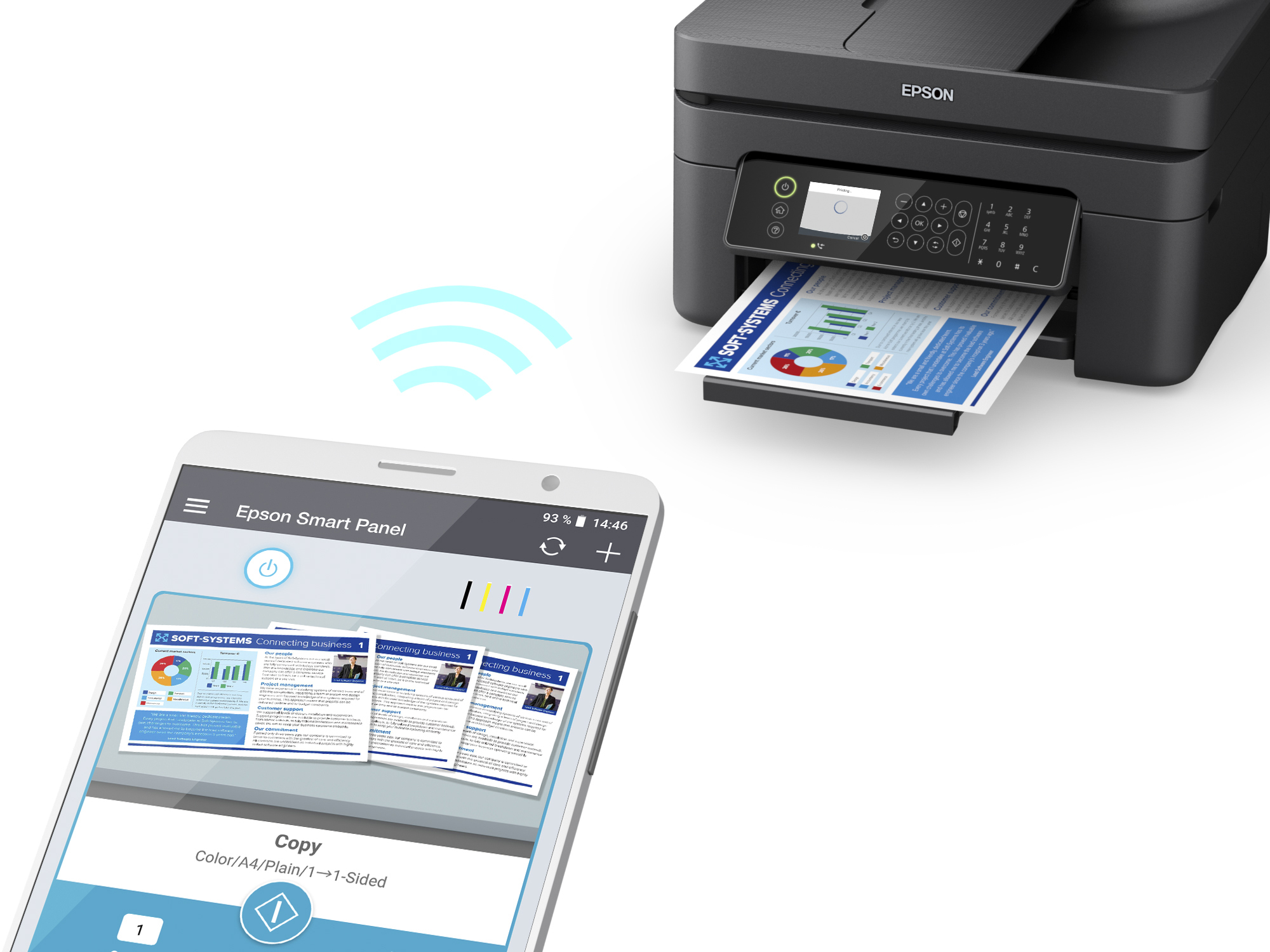 Smartphone connesso in modalità wireless a una stampante Epson, che mostra le opzioni di stampa.