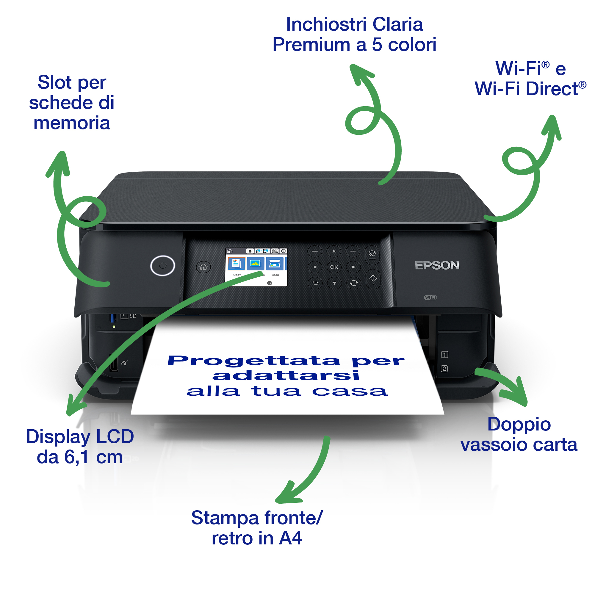 Drukarka Epson z etykietami, wyświetlaczem i papierem. Posiada Wi-Fi i wielokolorowe tusze.