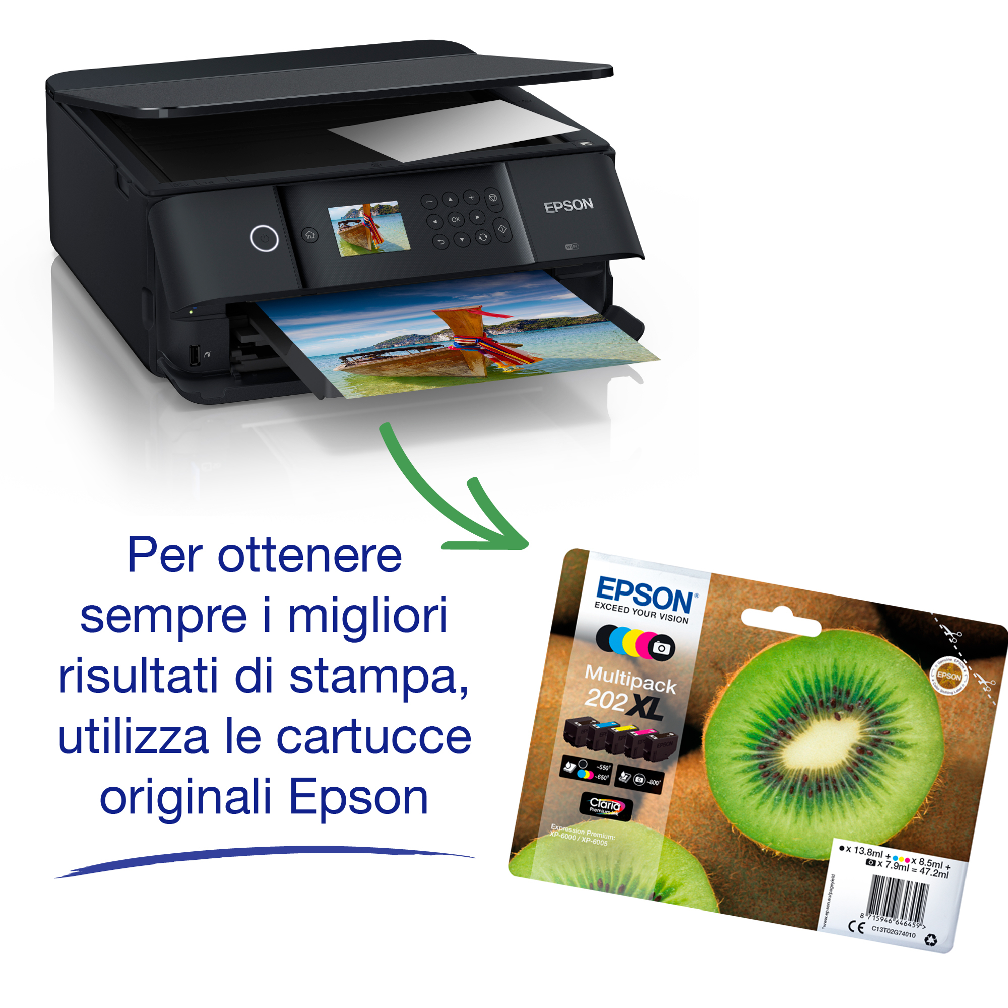 Drukarka Epson drukująca zdjęcie. Kartridże z tuszem i kiwi pokazano z tekstem.