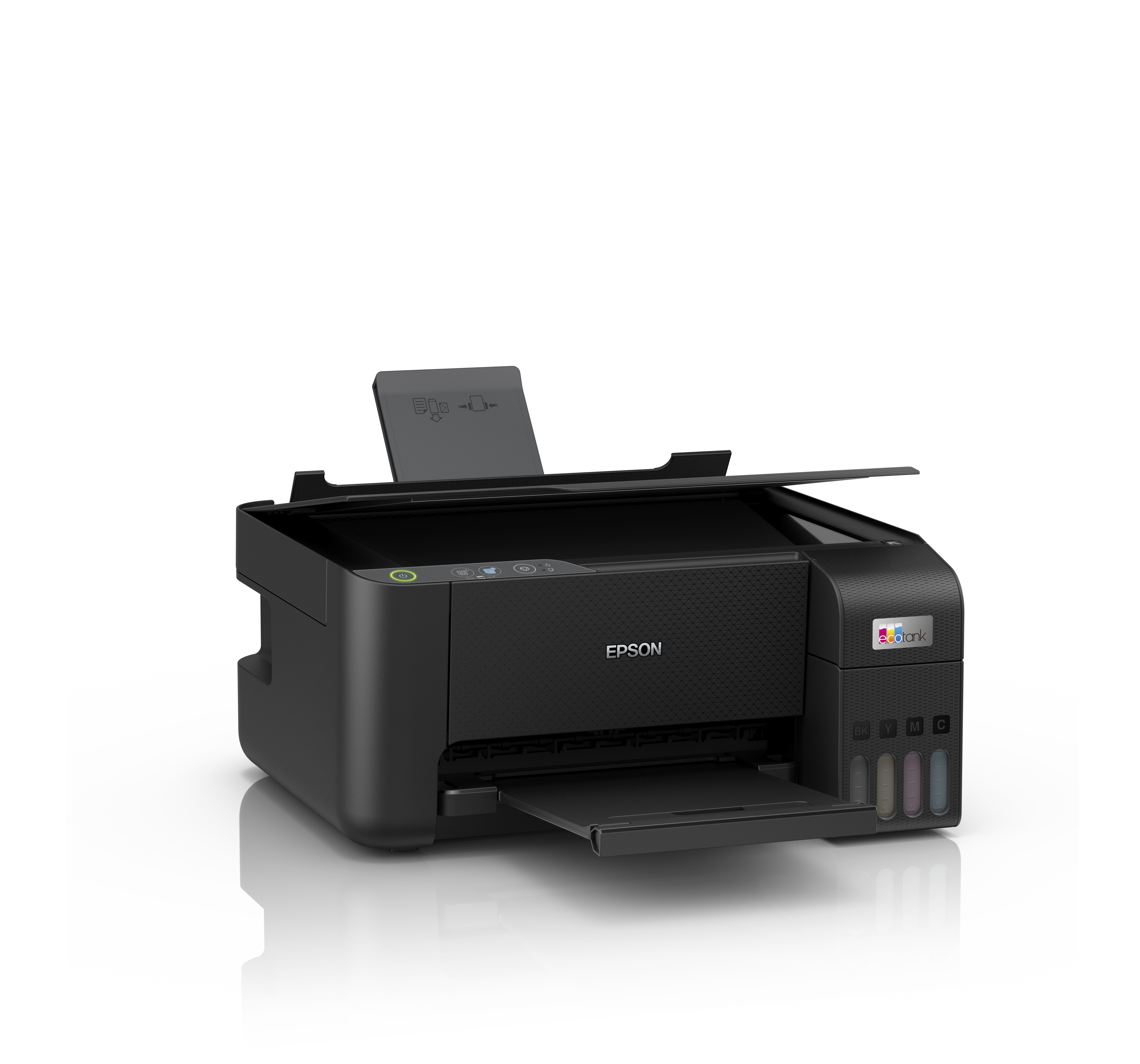 Beyaz bir arka plan üzerinde, kağıt tepsisi açık siyah bir Epson yazıcı.