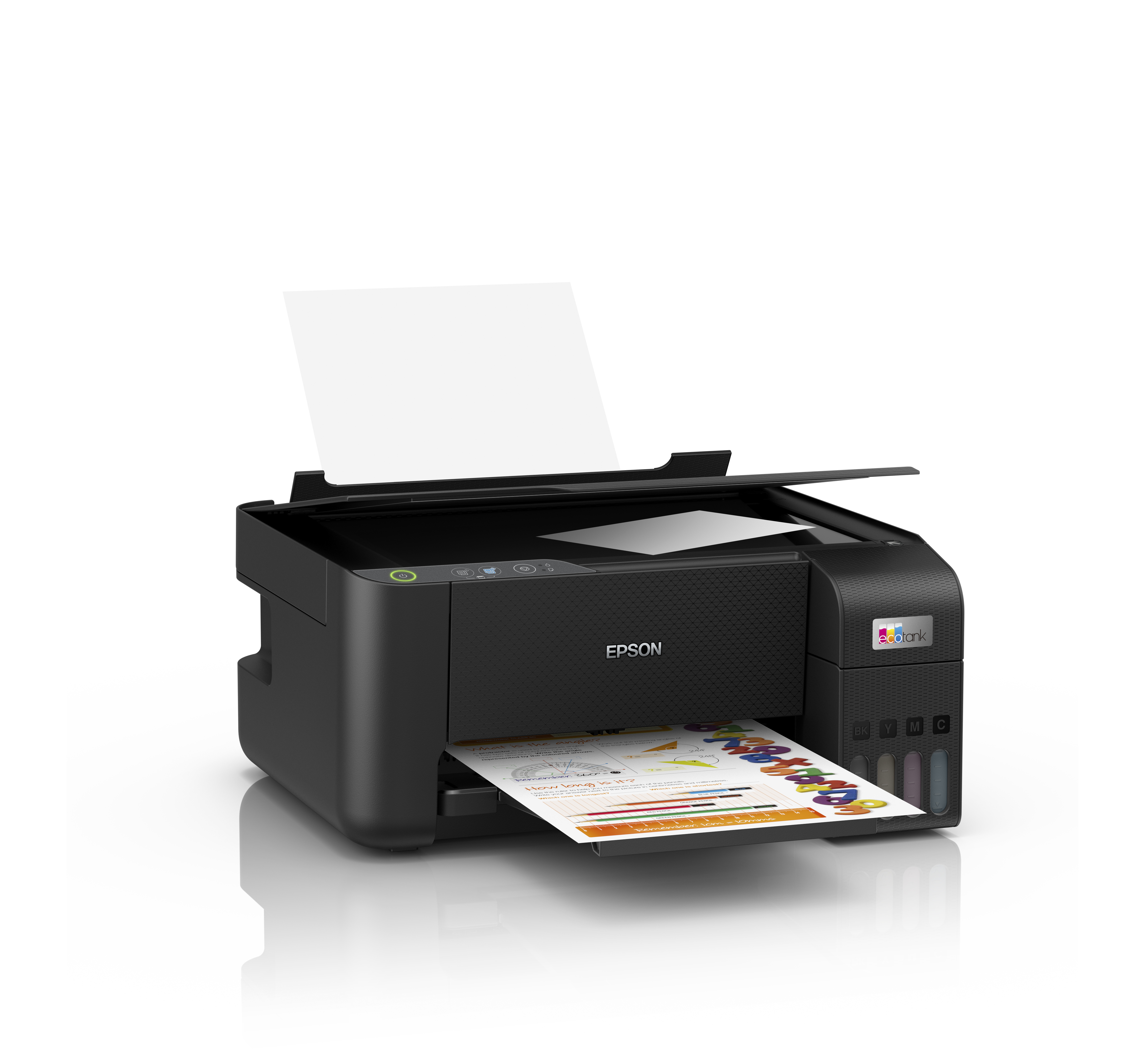 Siyah Epson yazıcı, renkli bir belge yazdırıyor, üstü açık.