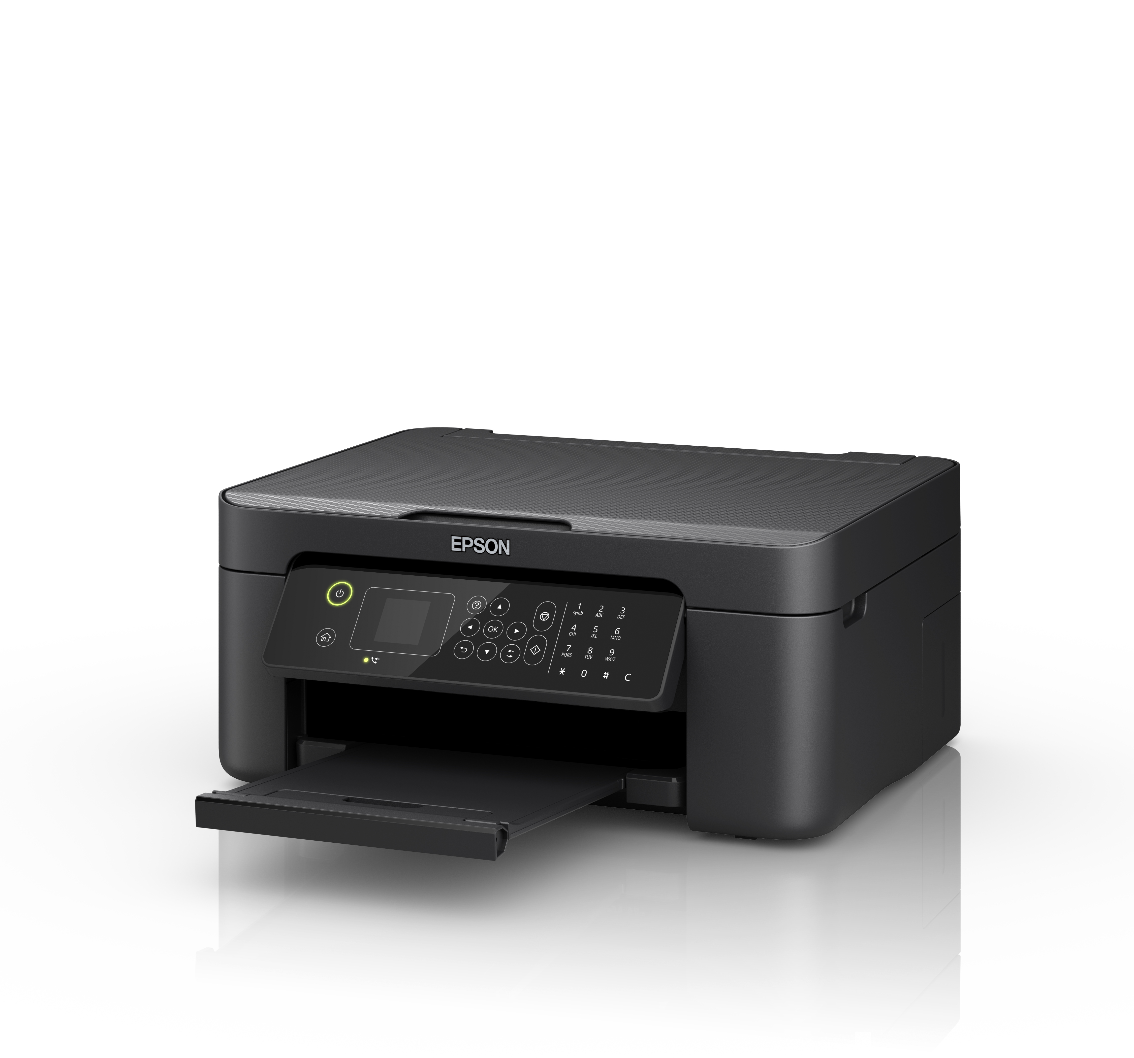 Stampante Epson nera con vassoio aperto. Pannello di controllo con pulsanti.