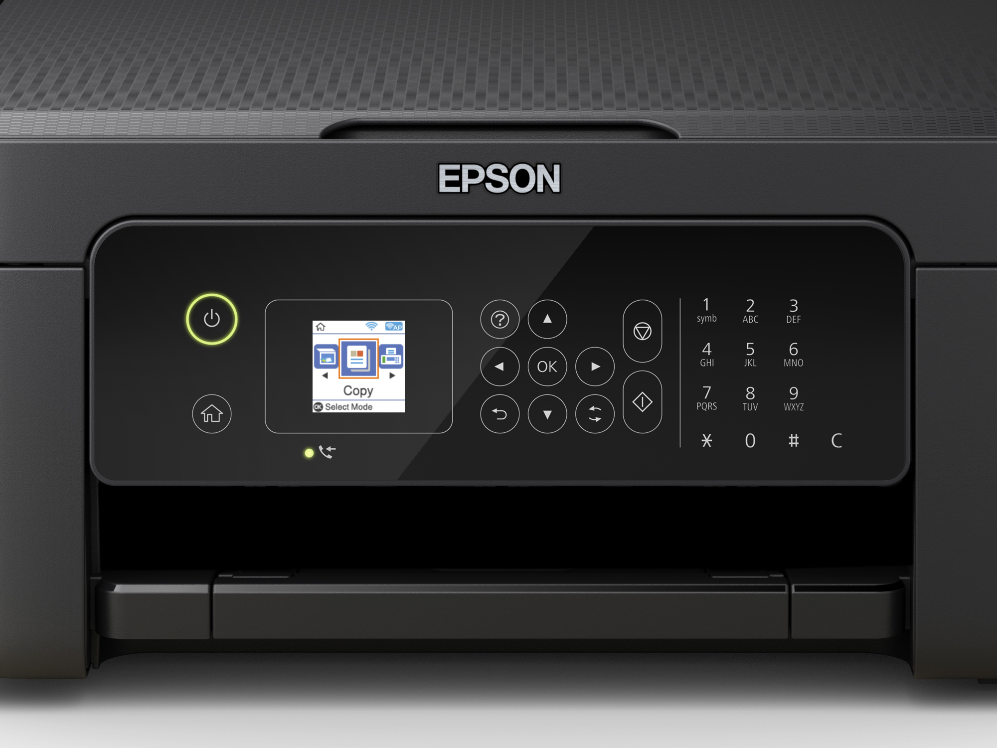 Primo piano del pannello di controllo della stampante Epson con display e pulsanti.