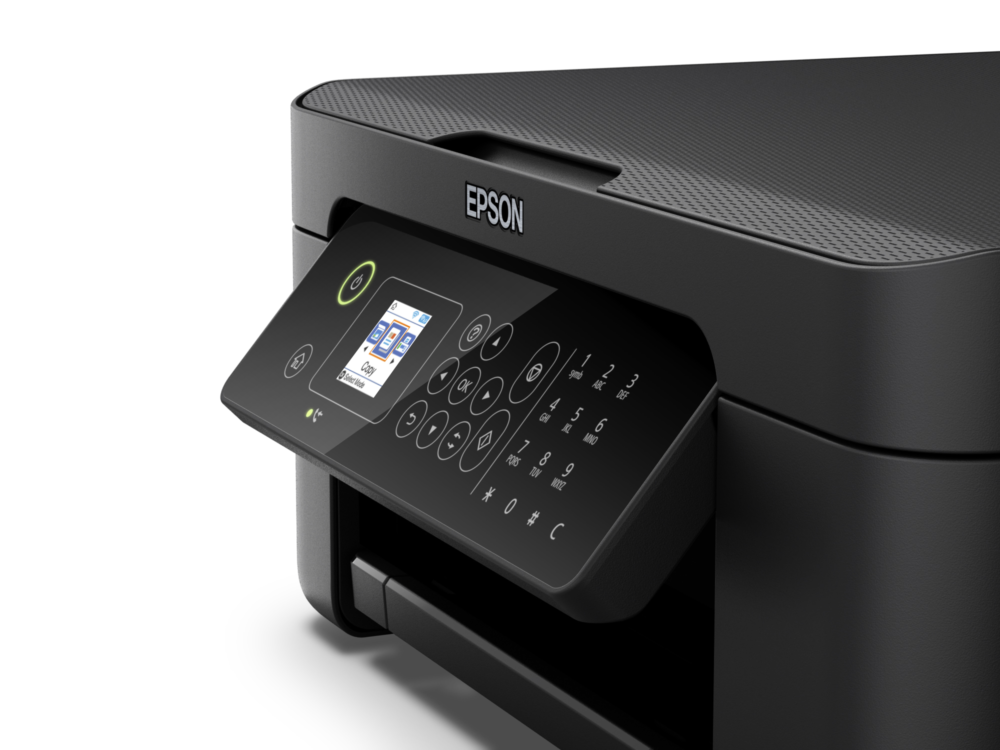 Primo piano del pannello di controllo di una stampante Epson nera con schermo e pulsanti.