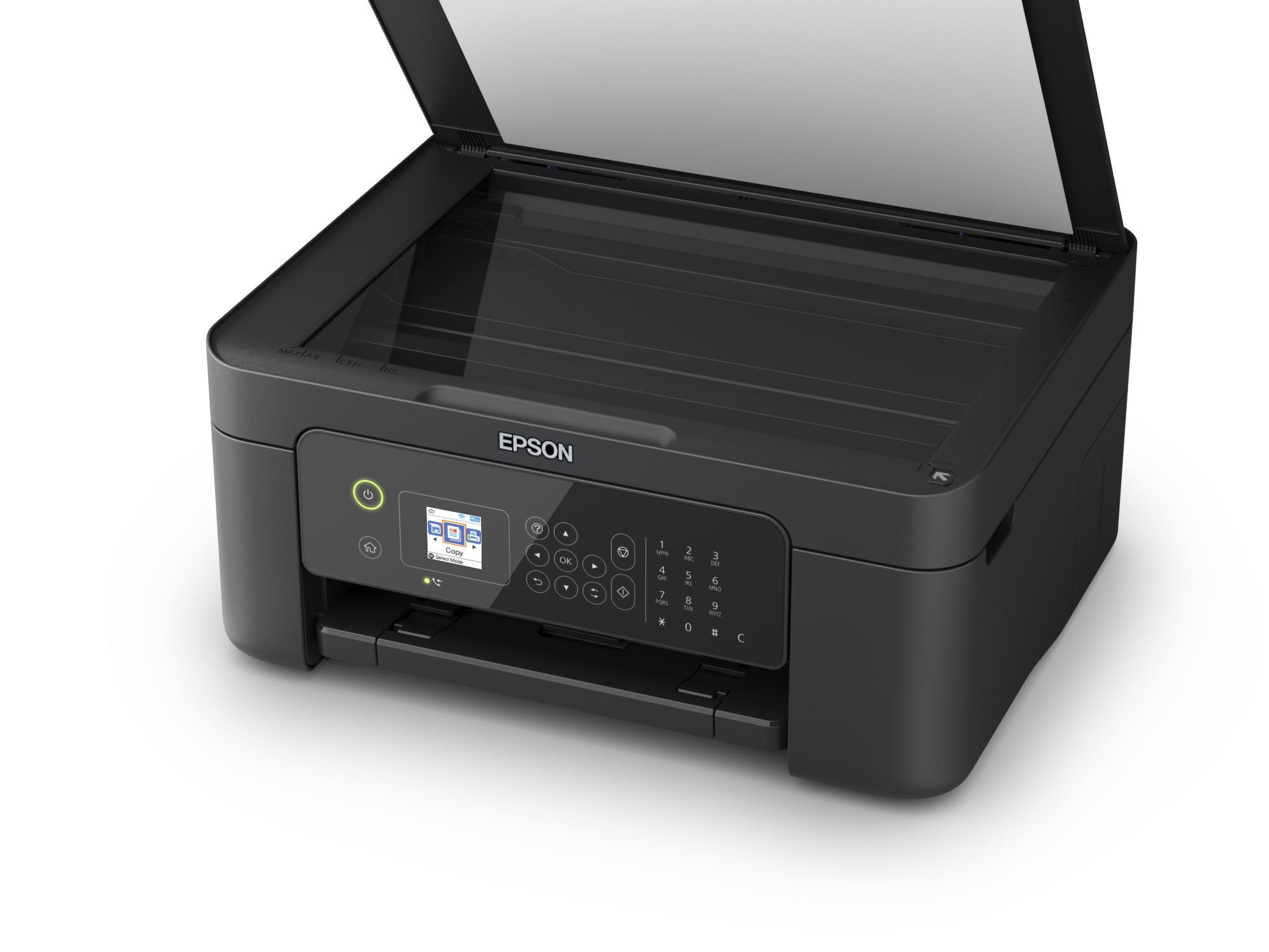Stampante Epson nera con coperchio aperto. Ha un pannello di controllo.