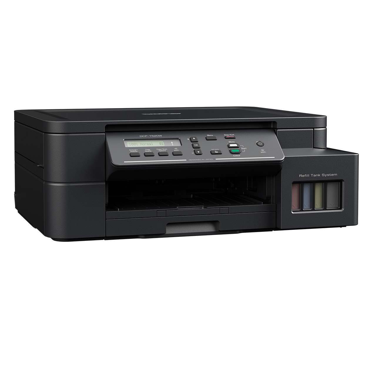 Impresora Brother negra. Tiene una pantalla, botones de control y un sistema de tanque de recarga en el lateral.