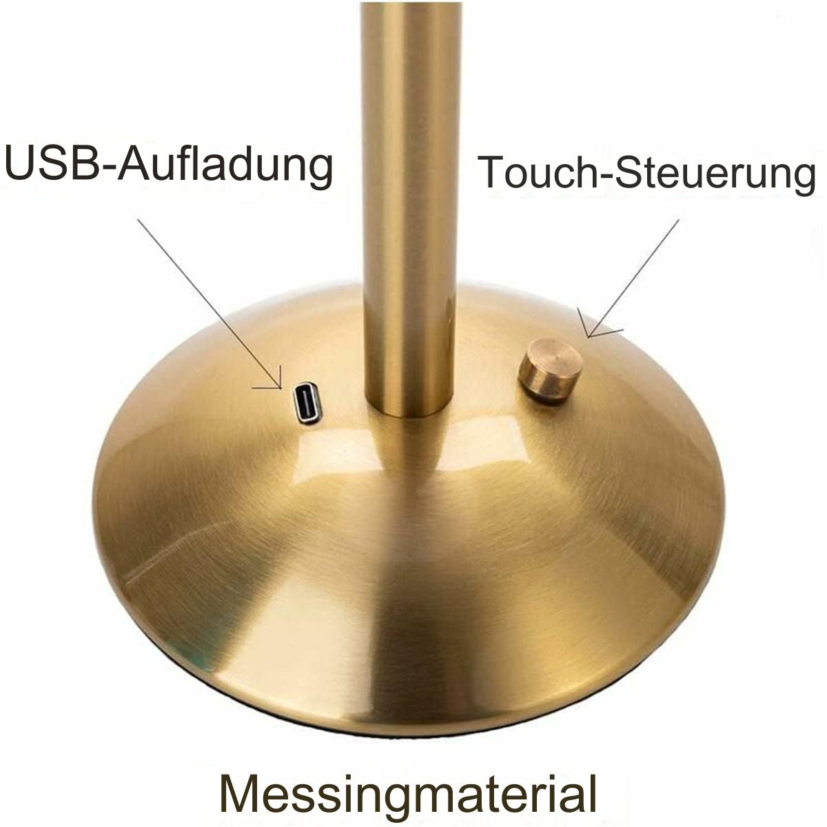 Goldbasis mit USB-Anschluss und Touch-Control-Taste. Messingmaterial ist sichtbar, mit Textbeschriftungen.
