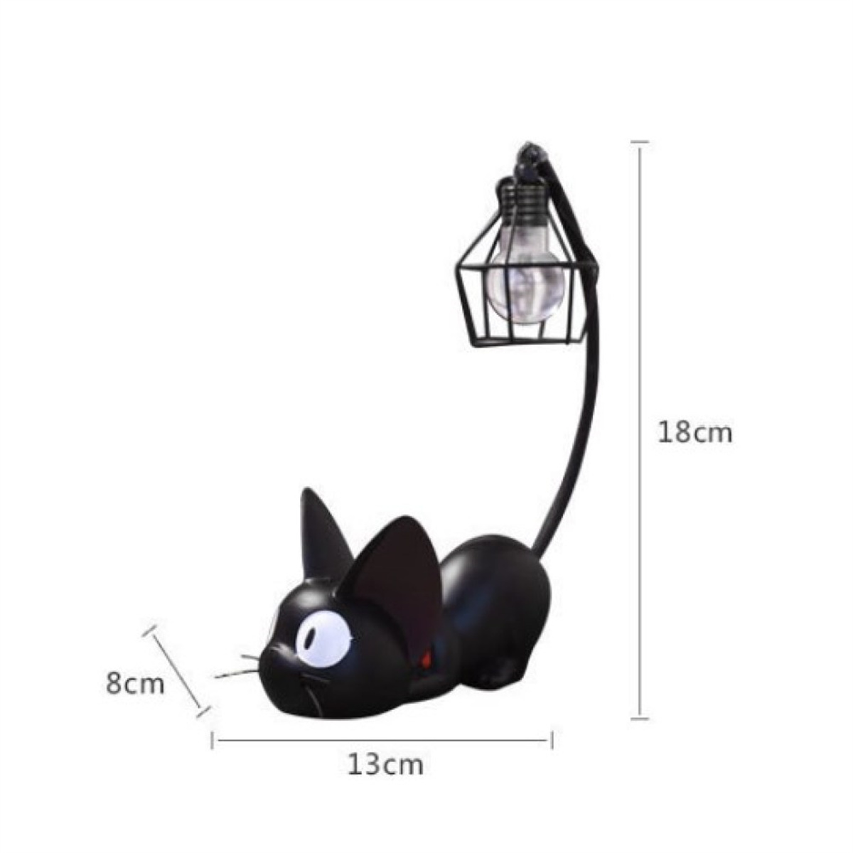 Schwarze Katzenlampe mit Glühbirne. Cartoonartige Figur mit Abmessungen.