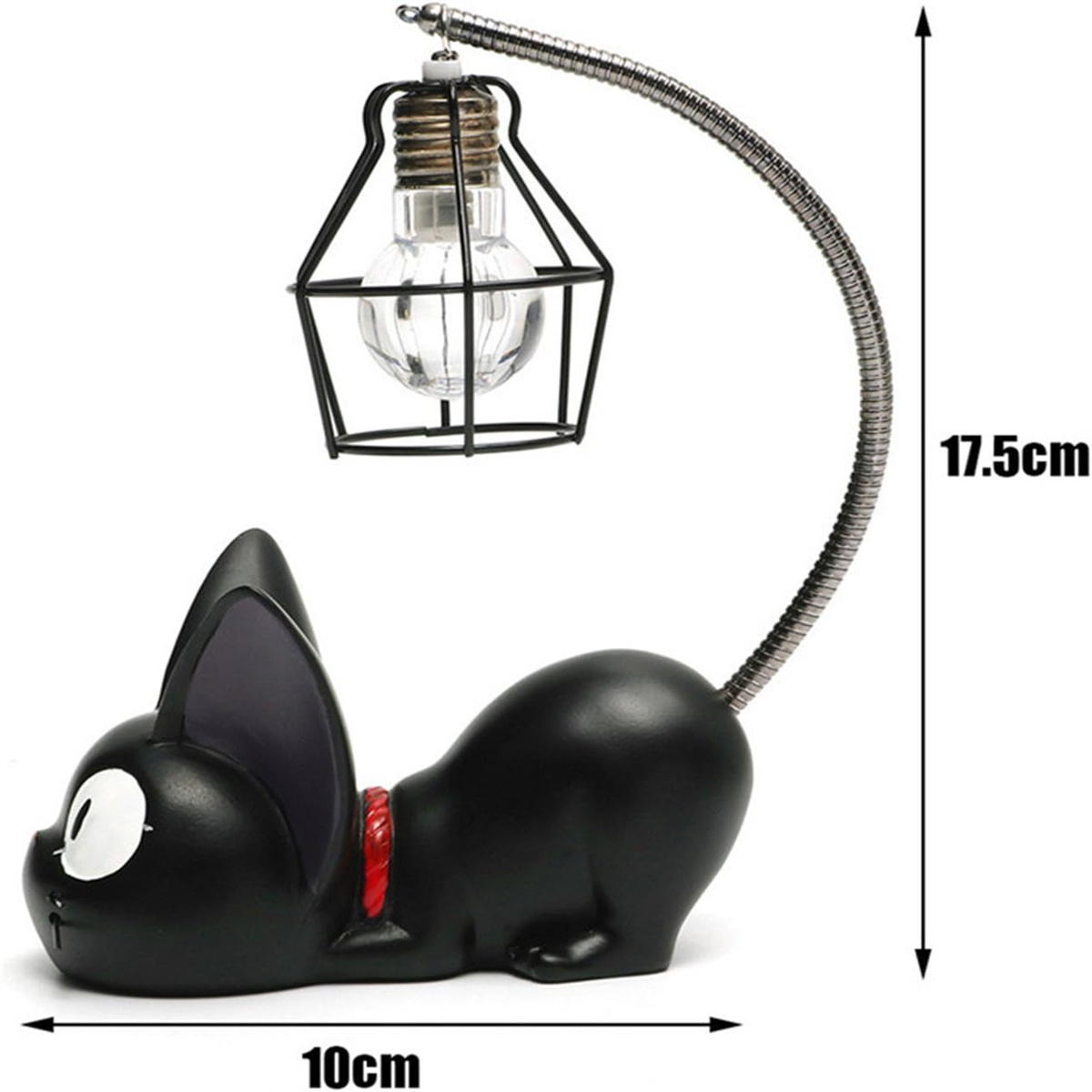 Schwarze Katzenlampe mit flexiblem Hals und käfigartigem Schirm, Abmessungen in Zentimetern angegeben.