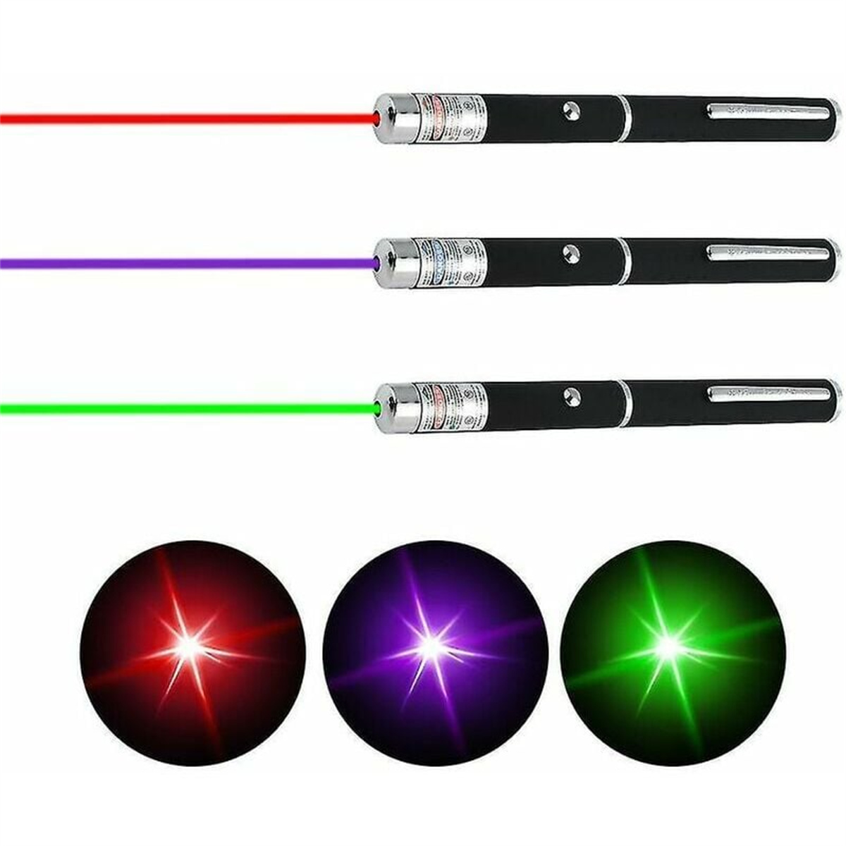 Drei Laserpointer, die rote, lila und grüne Strahlen aussenden. Jeder Strahl endet mit einem hellen Punkt.