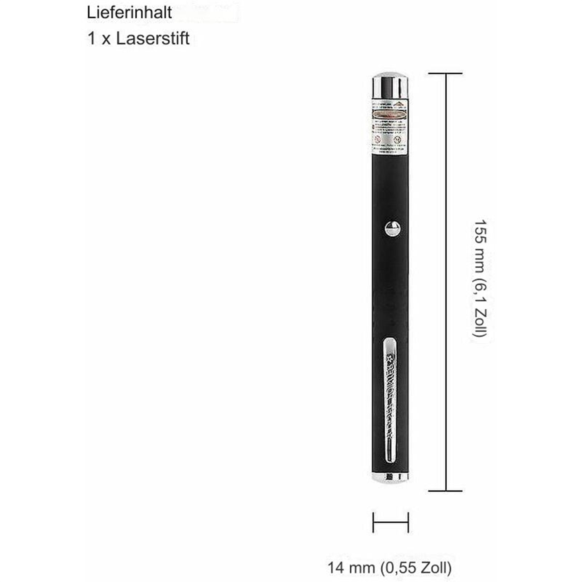 Ein schwarzer Laserpointer mit Text und Maßen vor weißem Hintergrund.