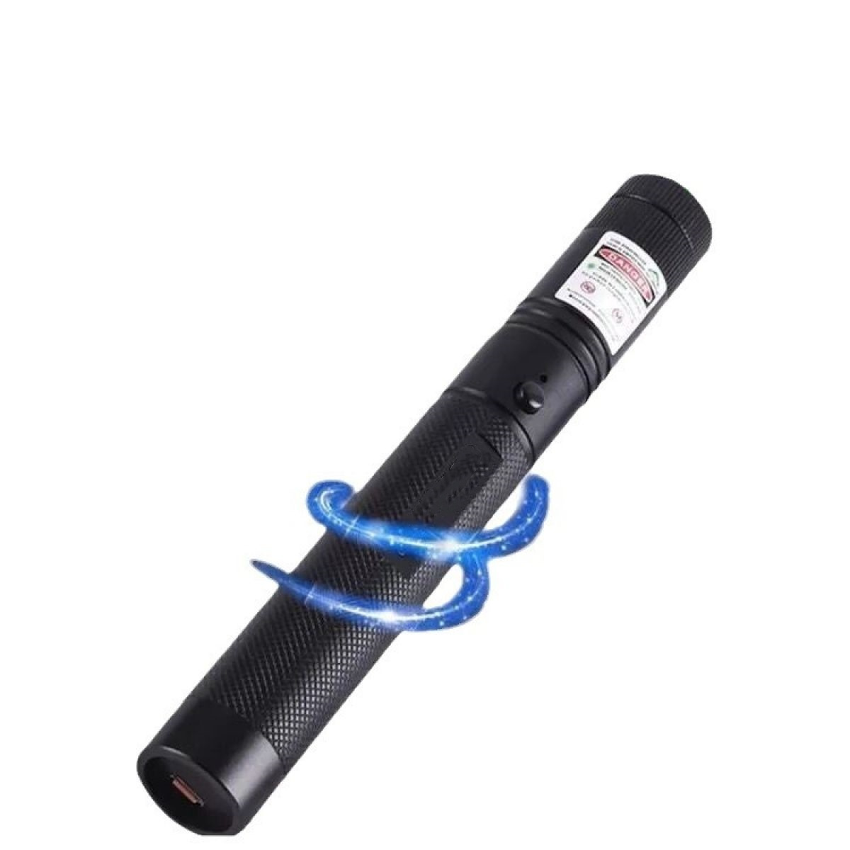 Schwarzer Laserpointer mit blauen Wirbel-Lichteffekten, isoliert auf Weiß.
