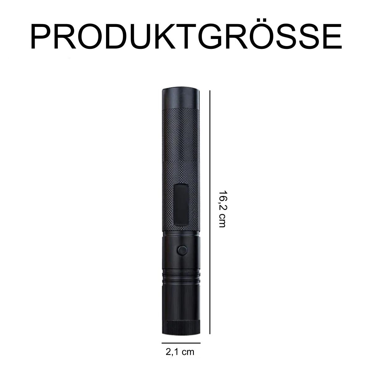 Eine schwarze Taschenlampe mit den Texten '16,2 cm' und '2,1 cm' zur Angabe der Abmessungen.