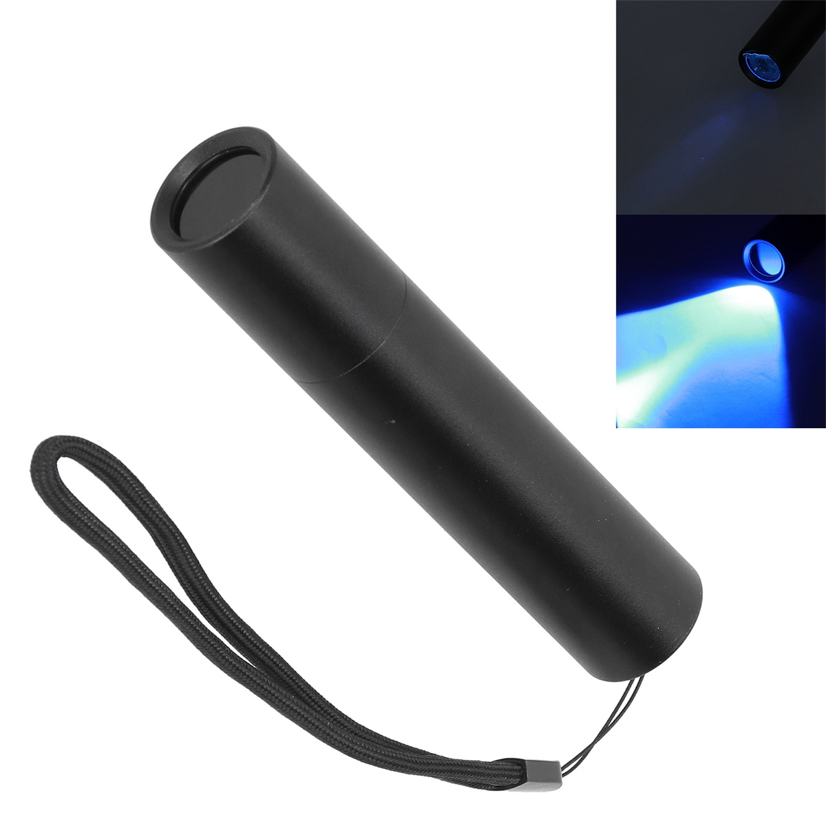 Eine schwarze Taschenlampe mit schwarzem Riemen. Blaues Licht wird von ihrem Ende emittiert.