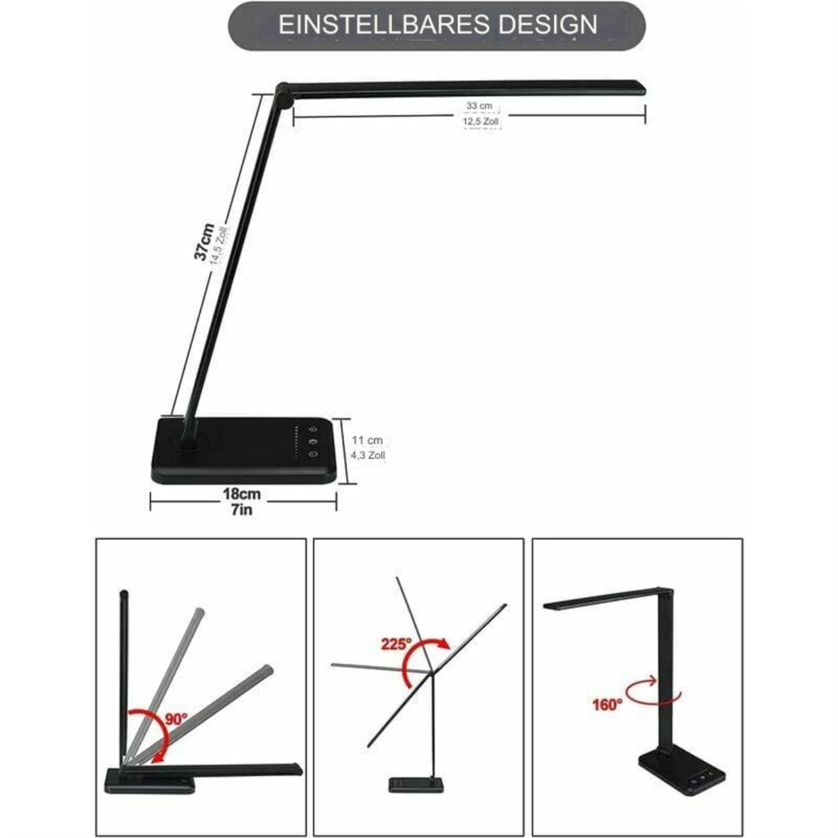 Schwarze, verstellbare Schreibtischlampe mit Maßen. Abmessungen werden mit Einstellwinkeln angezeigt.