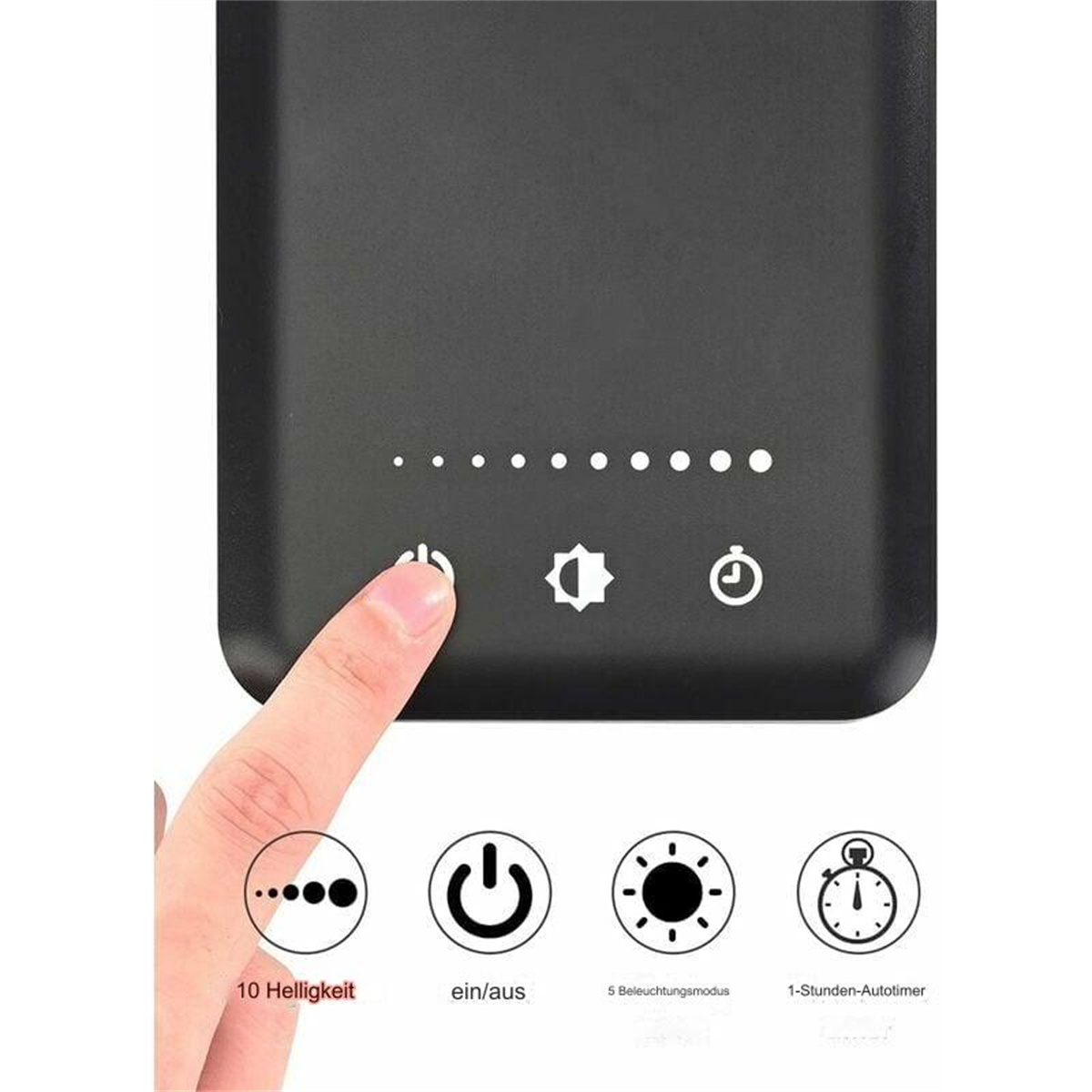 Eine Hand, die einen Knopf mit Symbolen auf einer dunklen Oberfläche drückt.