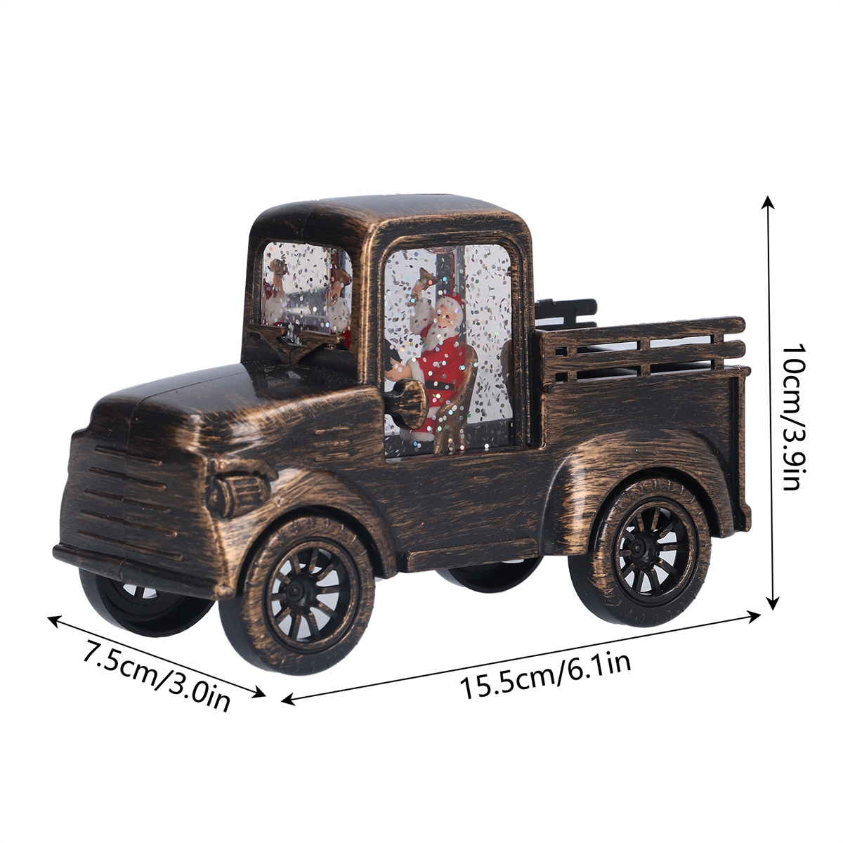 Weihnachts-LKW-Dekoration mit Weihnachtsmann und Baum im Inneren, auf weißem Hintergrund.