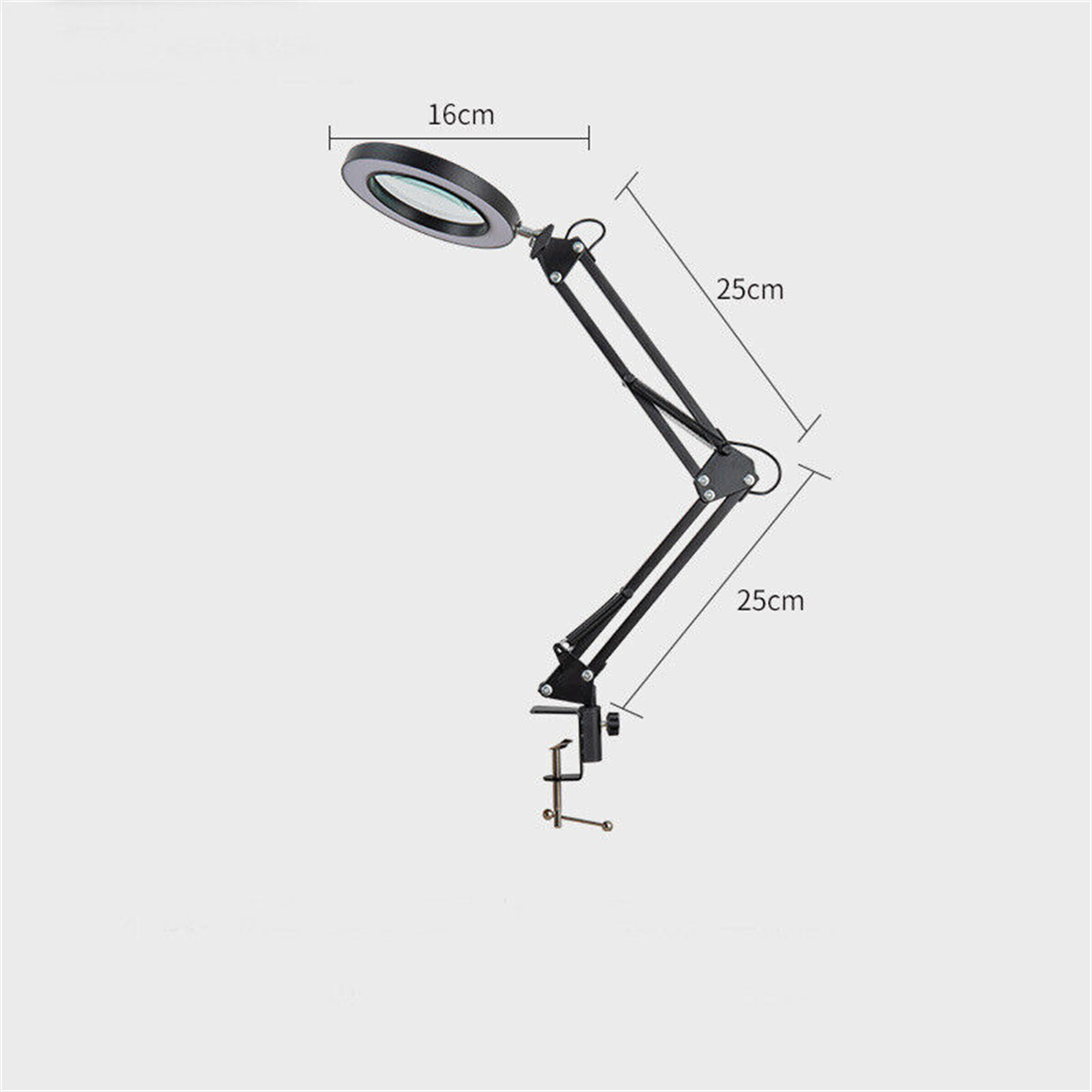 Eine schwarze Lupenlampe mit kreisförmiger Linse und verstellbarem Arm, mit angegebenen Abmessungen.