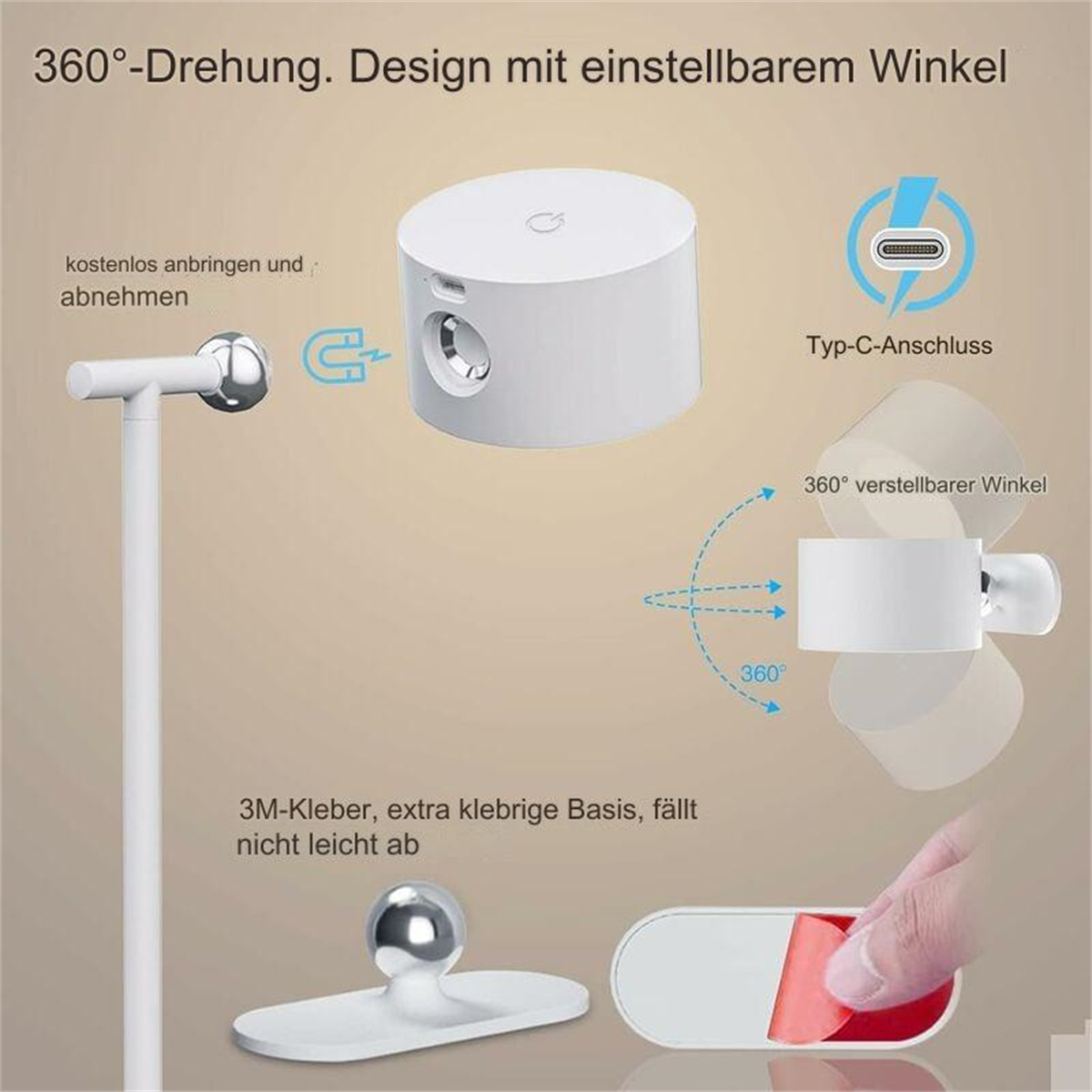 Ein verstellbarer Telefonständer. Ein weißer Zylinder mit magnetischer Basis ist abgebildet. Text erklärt die Verstellbarkeit.