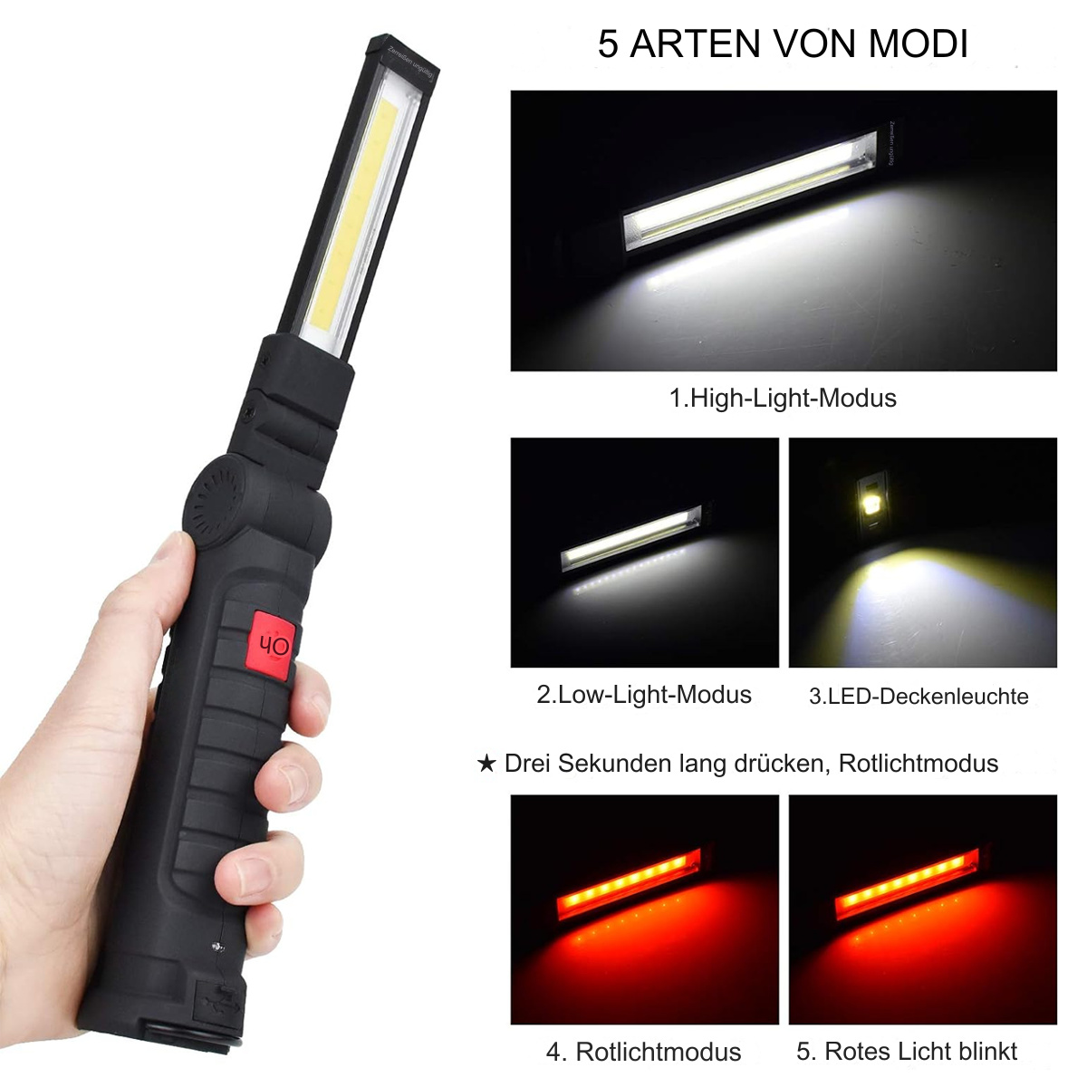 Eine Hand, die eine schwarz-gelbe LED-Arbeitsleuchte hält. Mehrere Lichtmodi werden angezeigt.