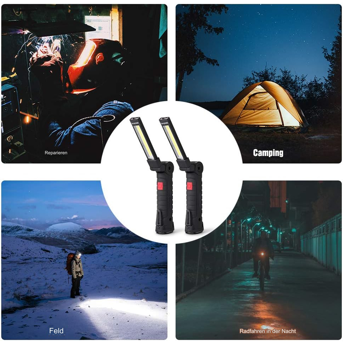 Eine Collage von Bildern, die Schweißen, Camping, eine Person im Schnee und zwei Arbeitsleuchten zeigen.