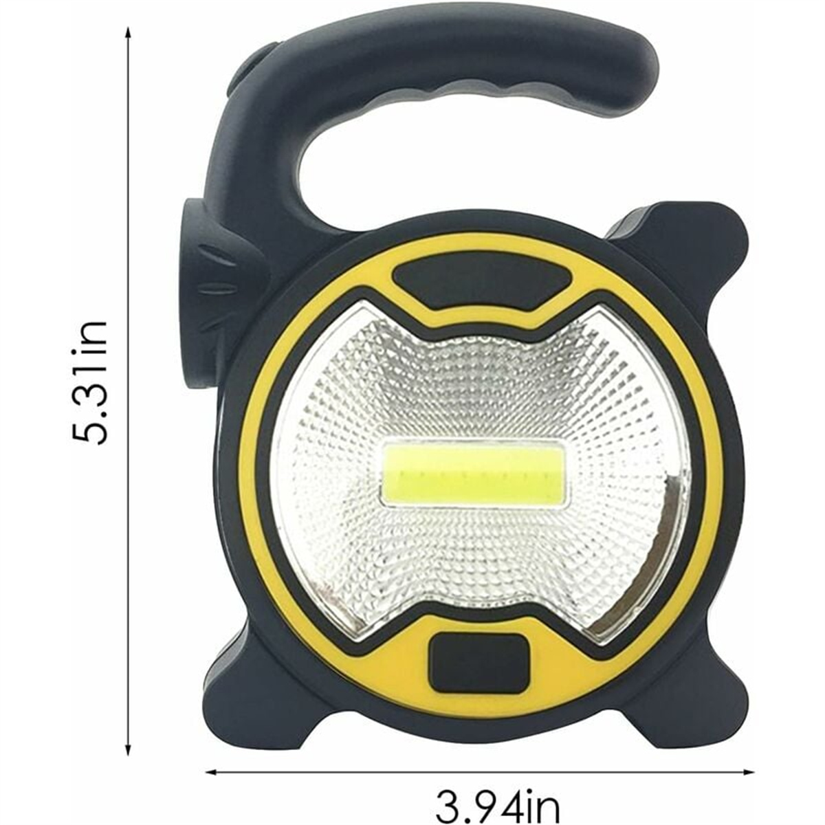 Schwarz-gelbe Taschenlampe, beleuchtet, mit Maßen. Griff oben.