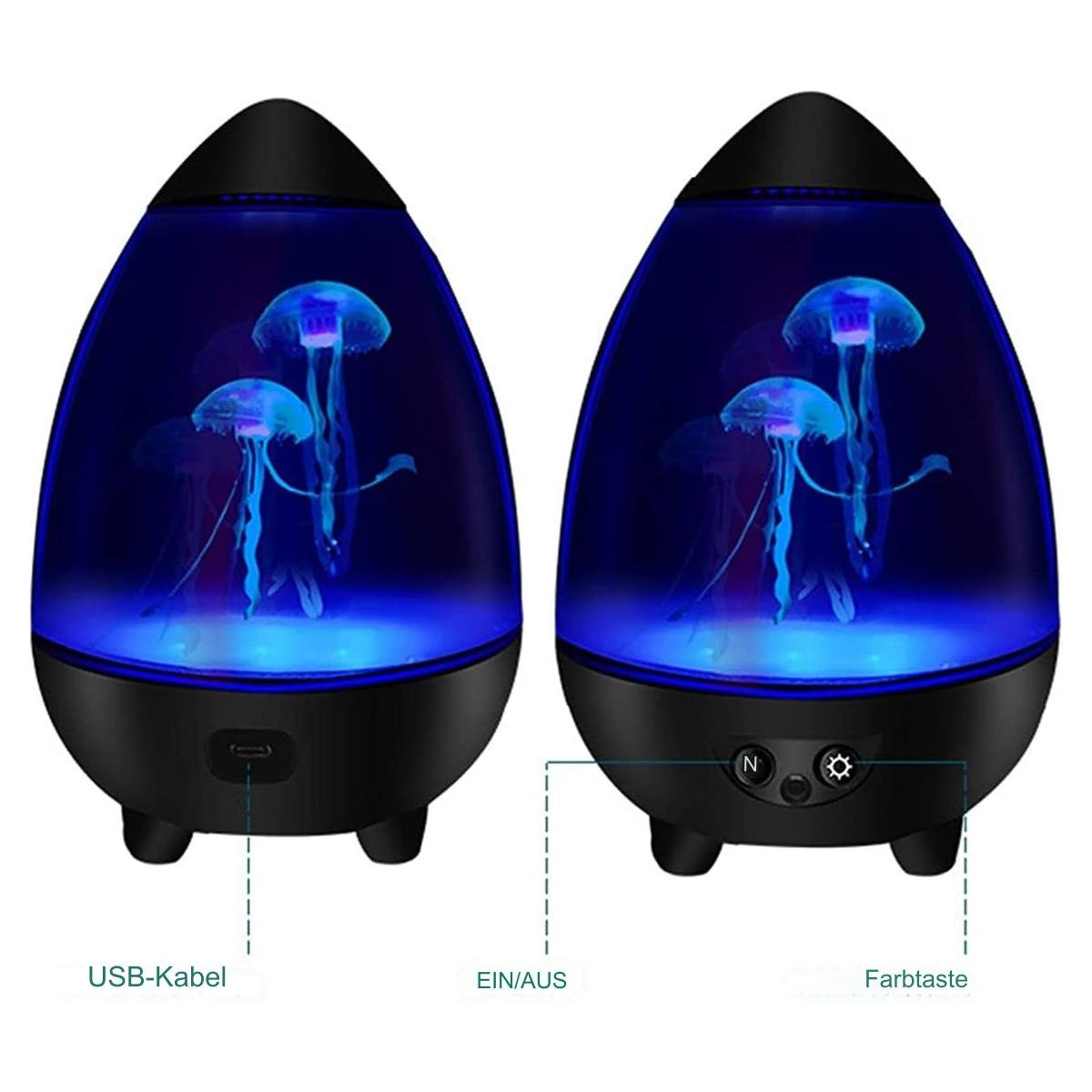 Zwei Quallenlampen mit blauem Licht und schwarzen Sockeln, mit USB- und Funktionstasten.