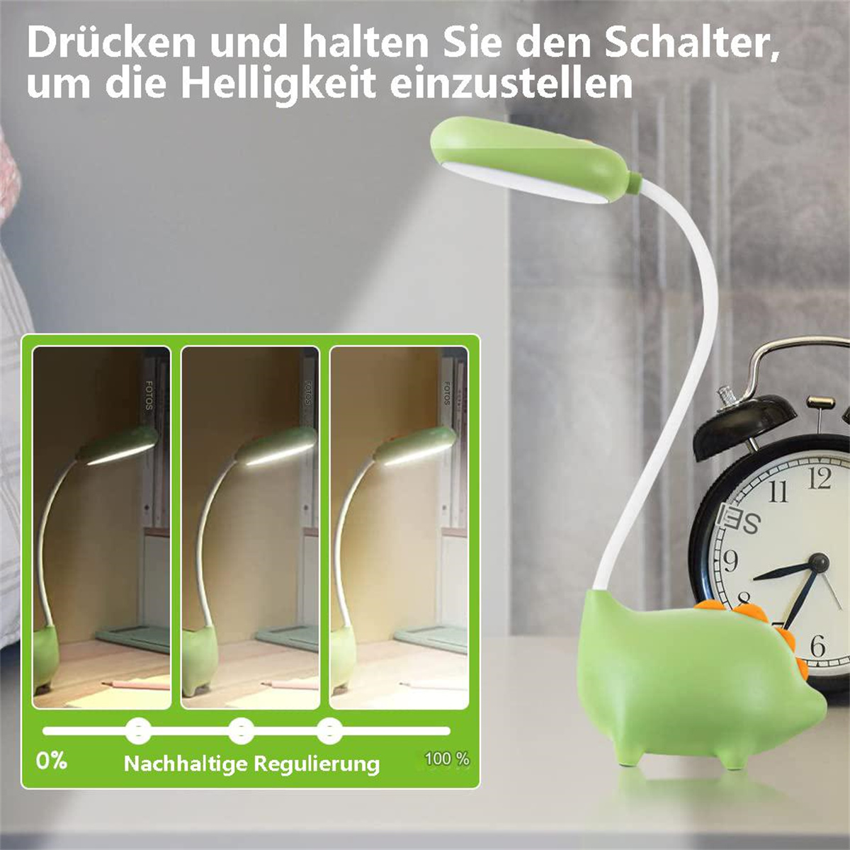 Eine grüne, schweineförmige Schreibtischlampe mit einstellbaren Helligkeitsstufen.