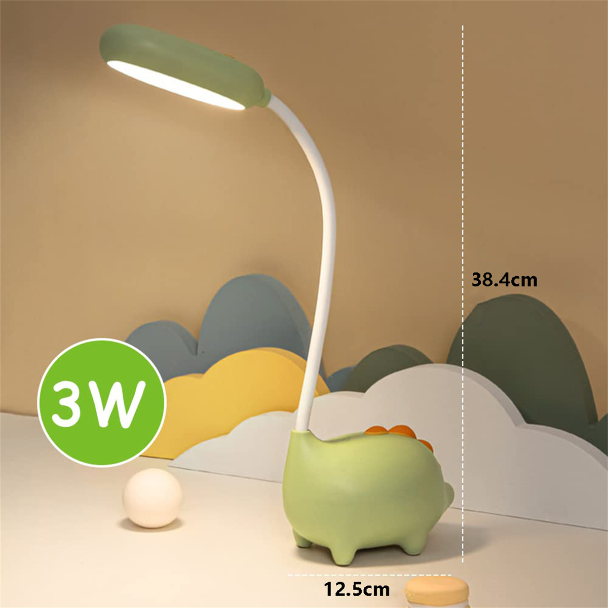 Grüne Schreibtischlampe in Dinosaurierform, mit weißem Ständer. Sie ist 38,4 cm hoch.