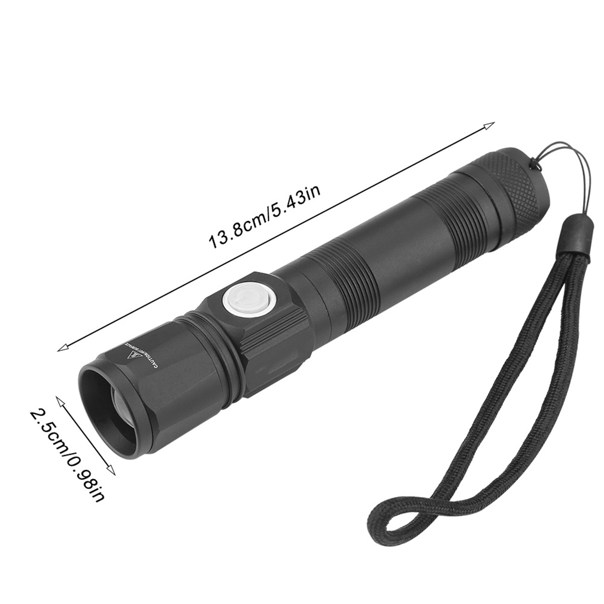 Schwarze Taschenlampe mit Knopf und Riemen, Maße beschriftet. Weißer Hintergrund.