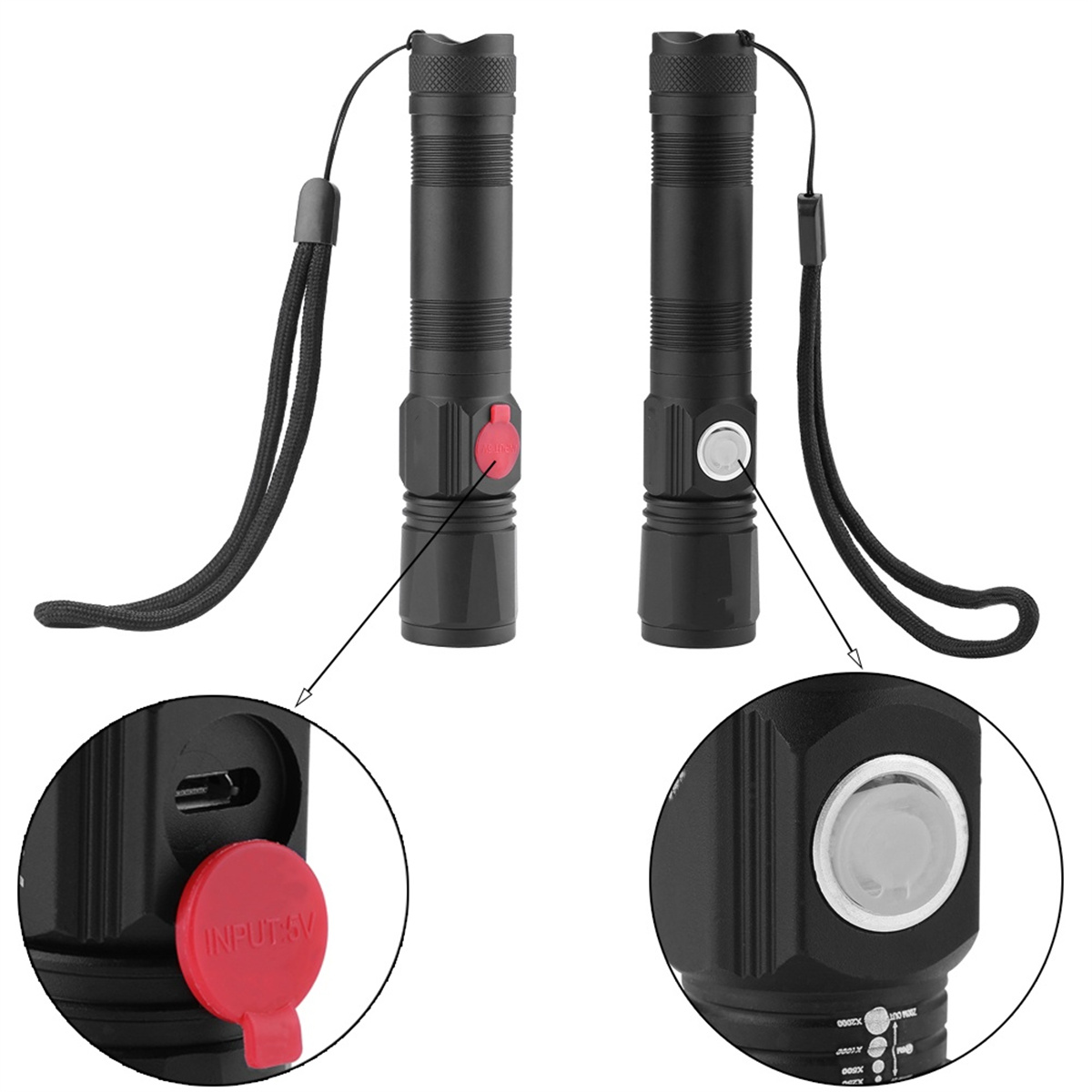 Zwei schwarze Taschenlampen mit roten und weißen Knöpfen und eine Nahaufnahme von Details.