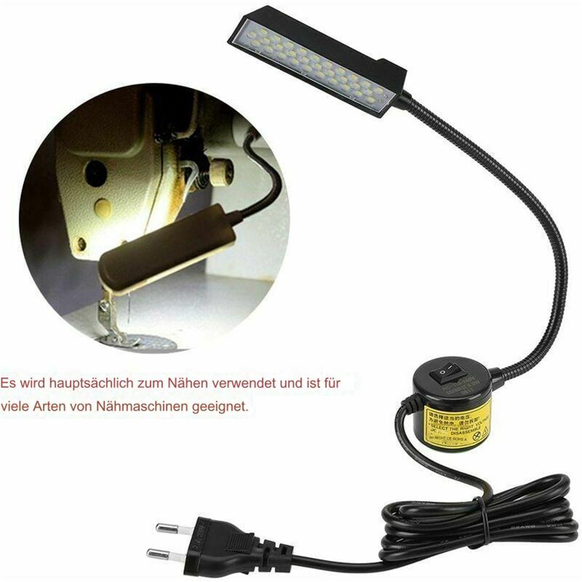 Eine Nähmaschine mit Arbeitsleuchte. Schwarzes Netzkabel und Stecker. Text auf Deutsch.