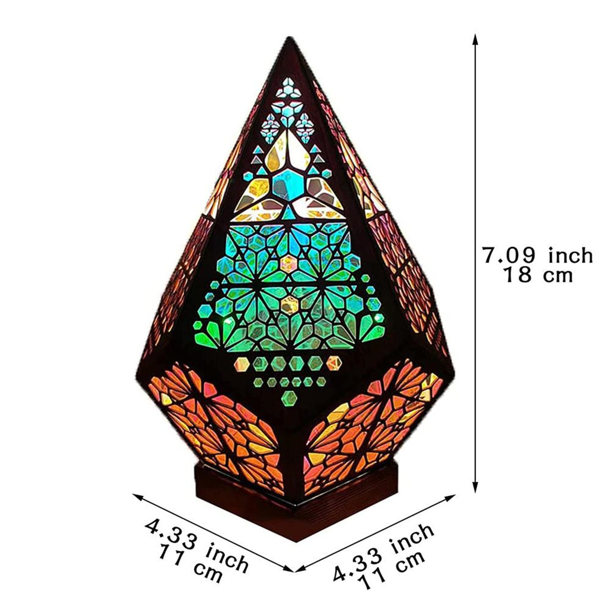 Eine Buntglaslampe in Diamantenform. Es ist eine Mischung aus Farben, mit Maßen in Zoll und cm.