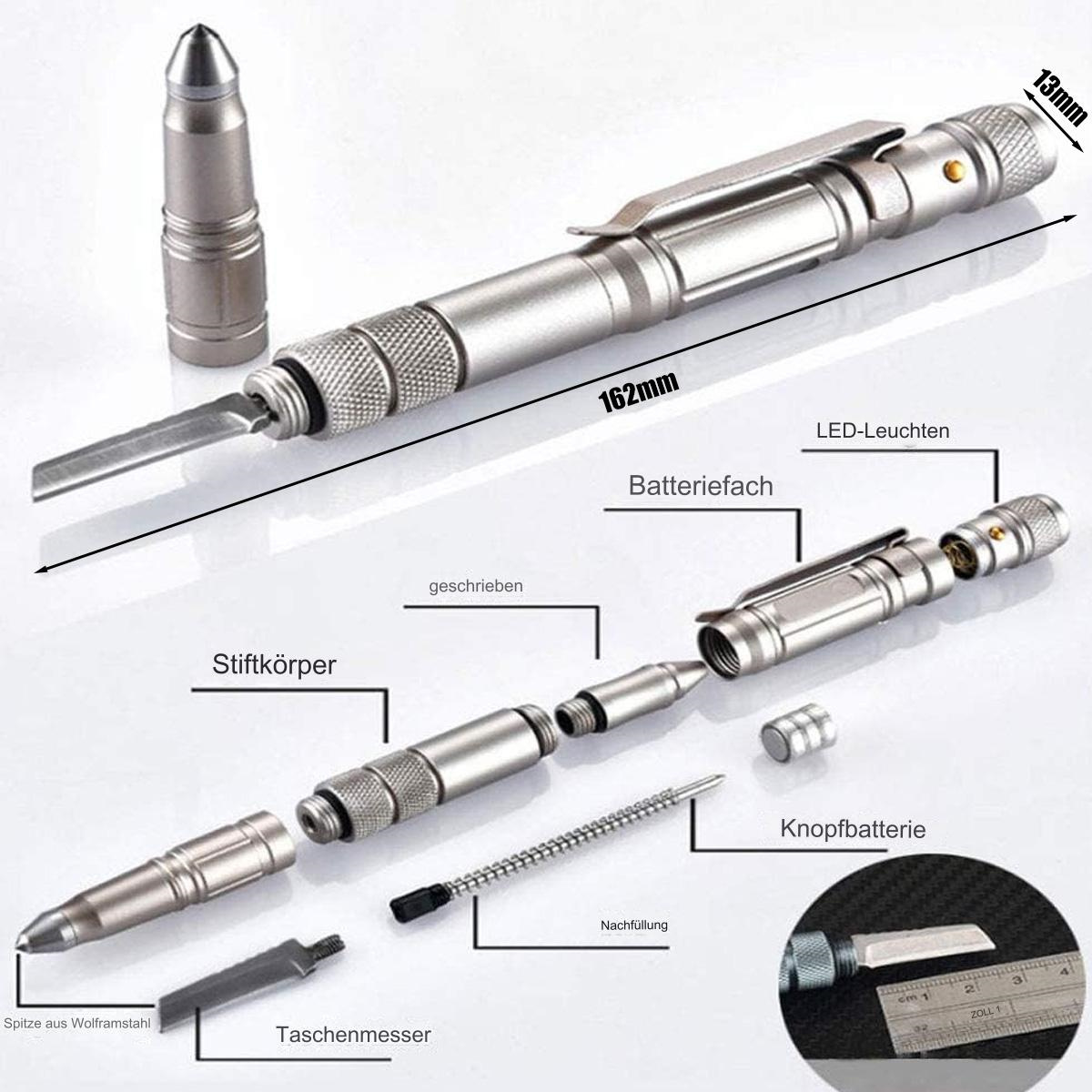 Silberner Stift mit Klinge und kleinem Messer. Zu den Komponenten gehören ein Messer, LED-Leuchten und eine Batterie.