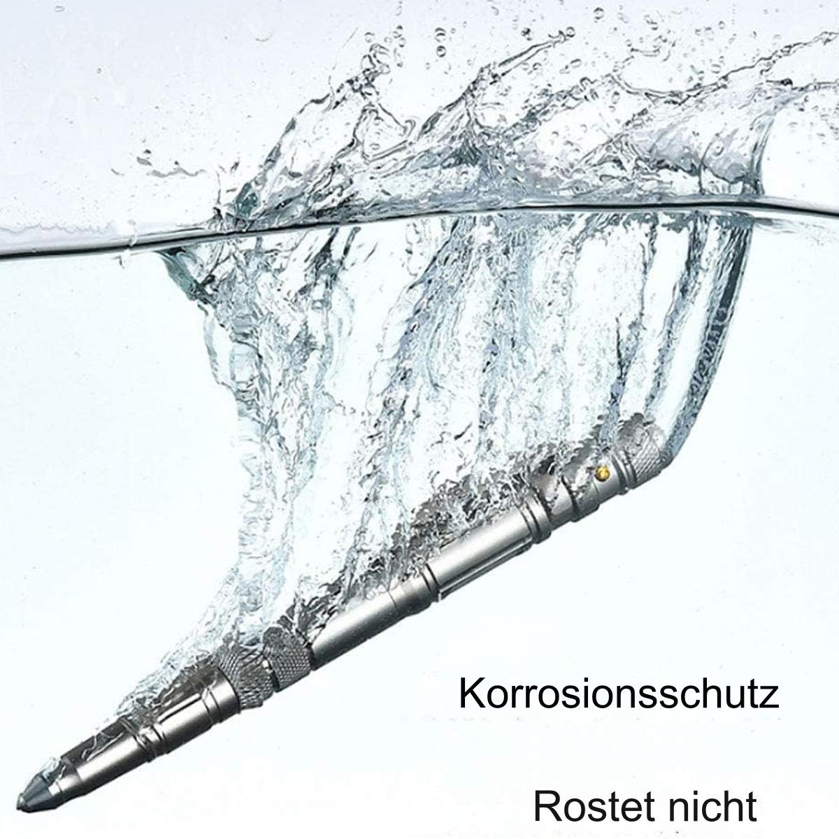 Ein silberner Stift im Wasser, mit Spritzern, Text: Korrosionsschutz, rostet nicht.