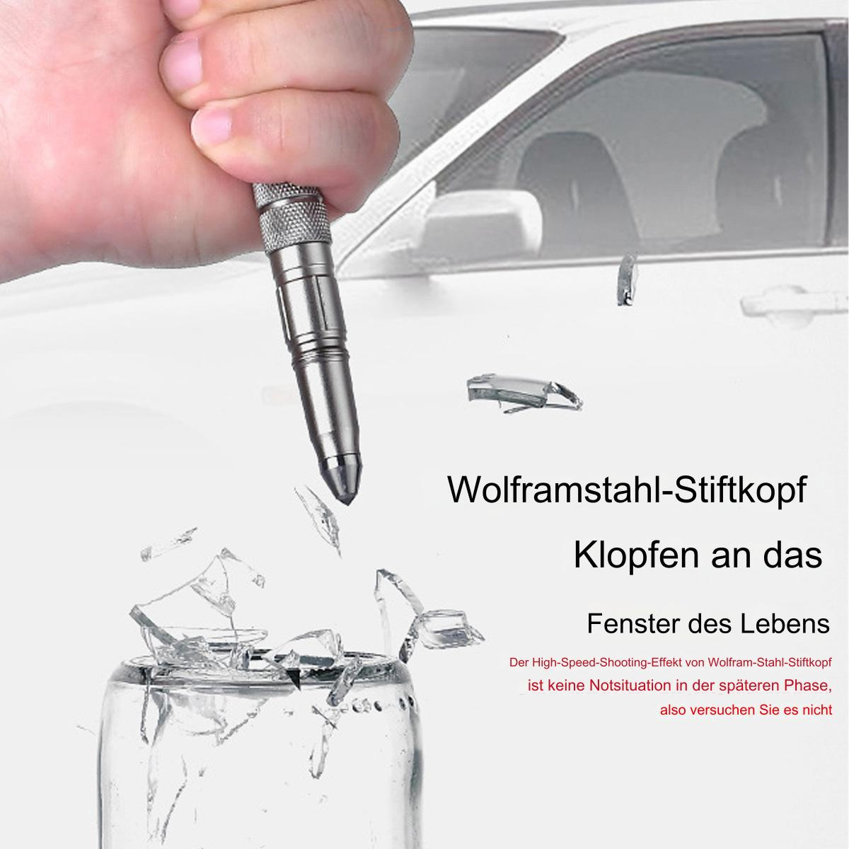 Metallisches Notfallwerkzeug, das ein Glas zerbricht. Weißes Auto sichtbar. Weißer Hintergrund.