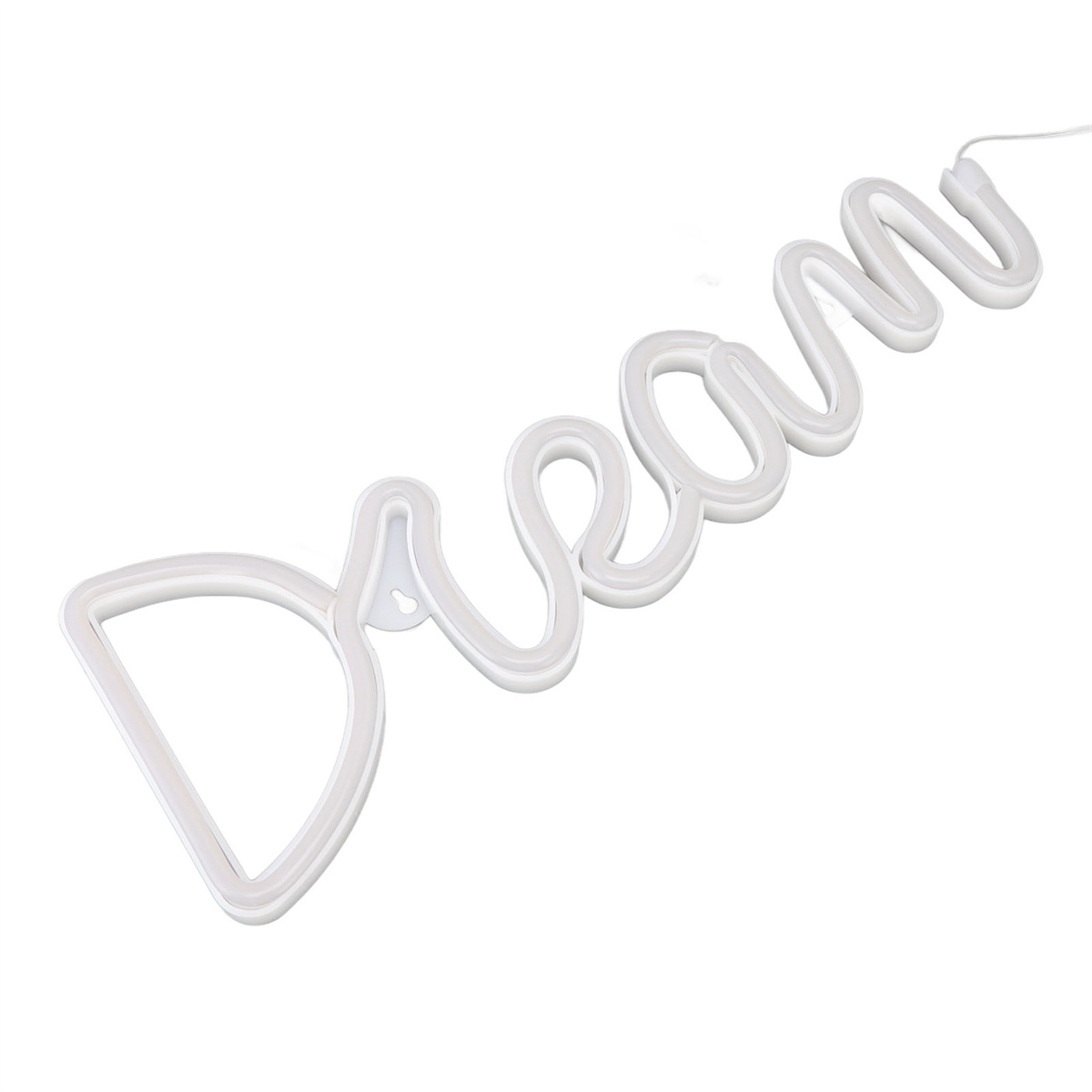 Weißes Neon-Schild mit der Aufschrift "dream", isoliert auf weißem Hintergrund.